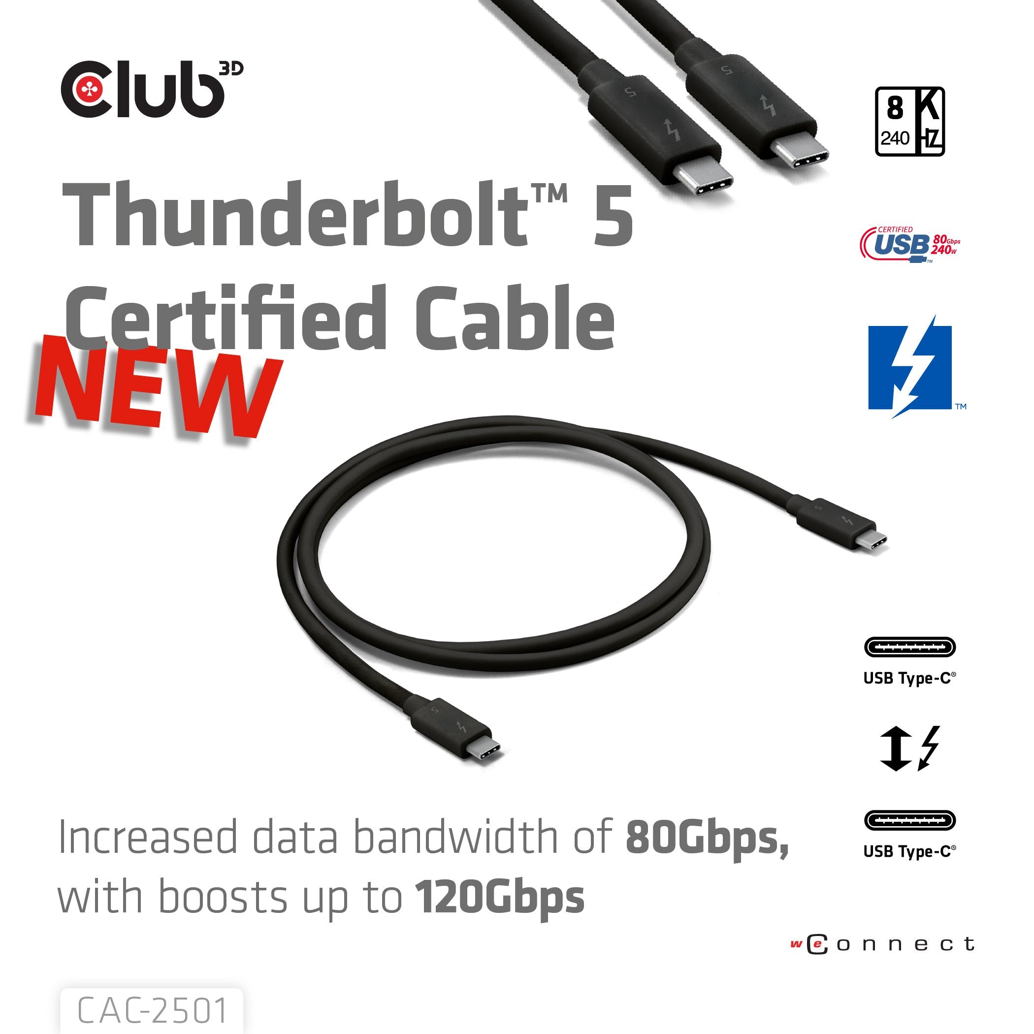 Club3d Cable Thunderbolt5 Zertifi. 8k240hz 80 120gbps 1m Retail