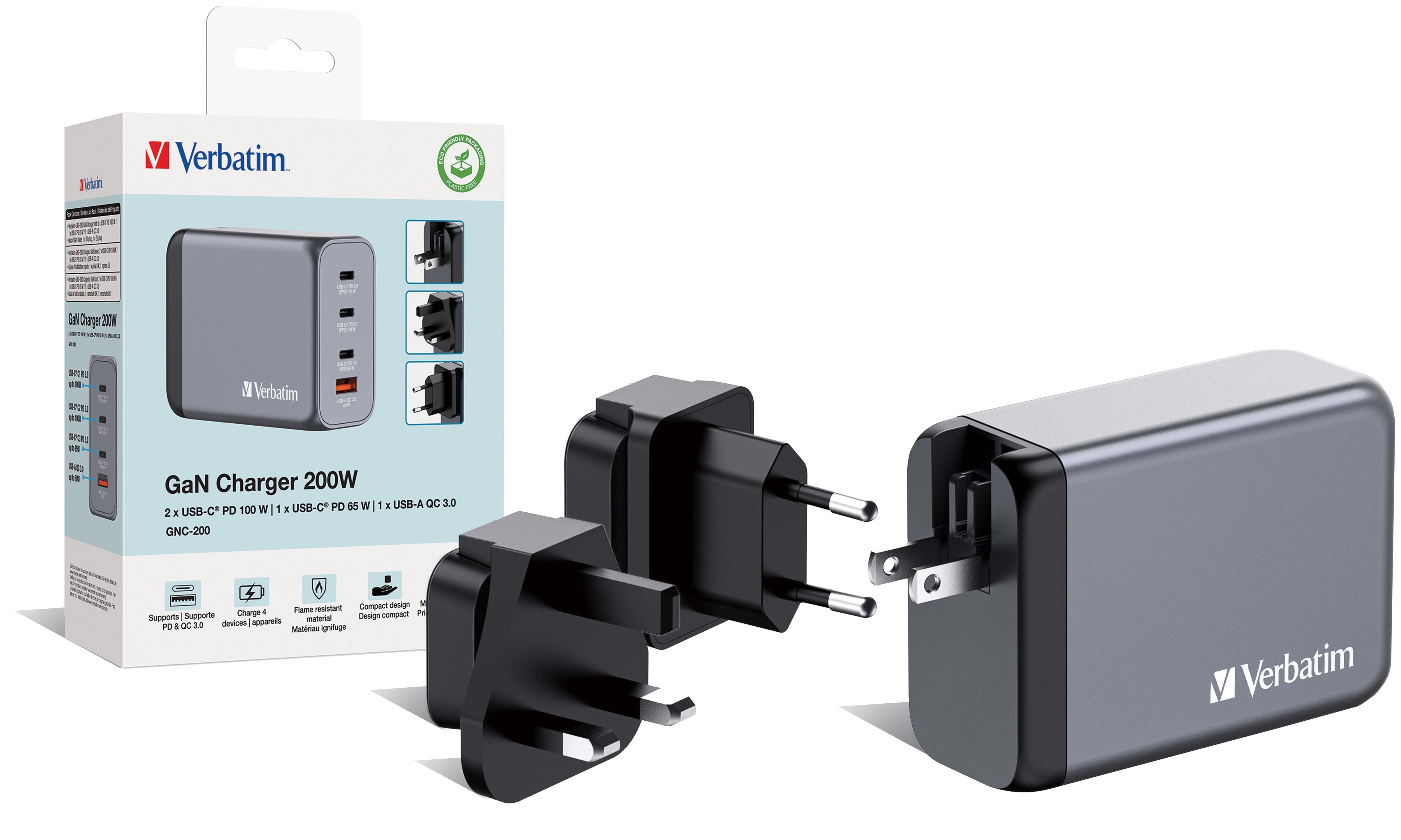 Cargador Gan De Pared Universal Verbatim Gnc-200 3xusb Tipo-C 1xusb 200w