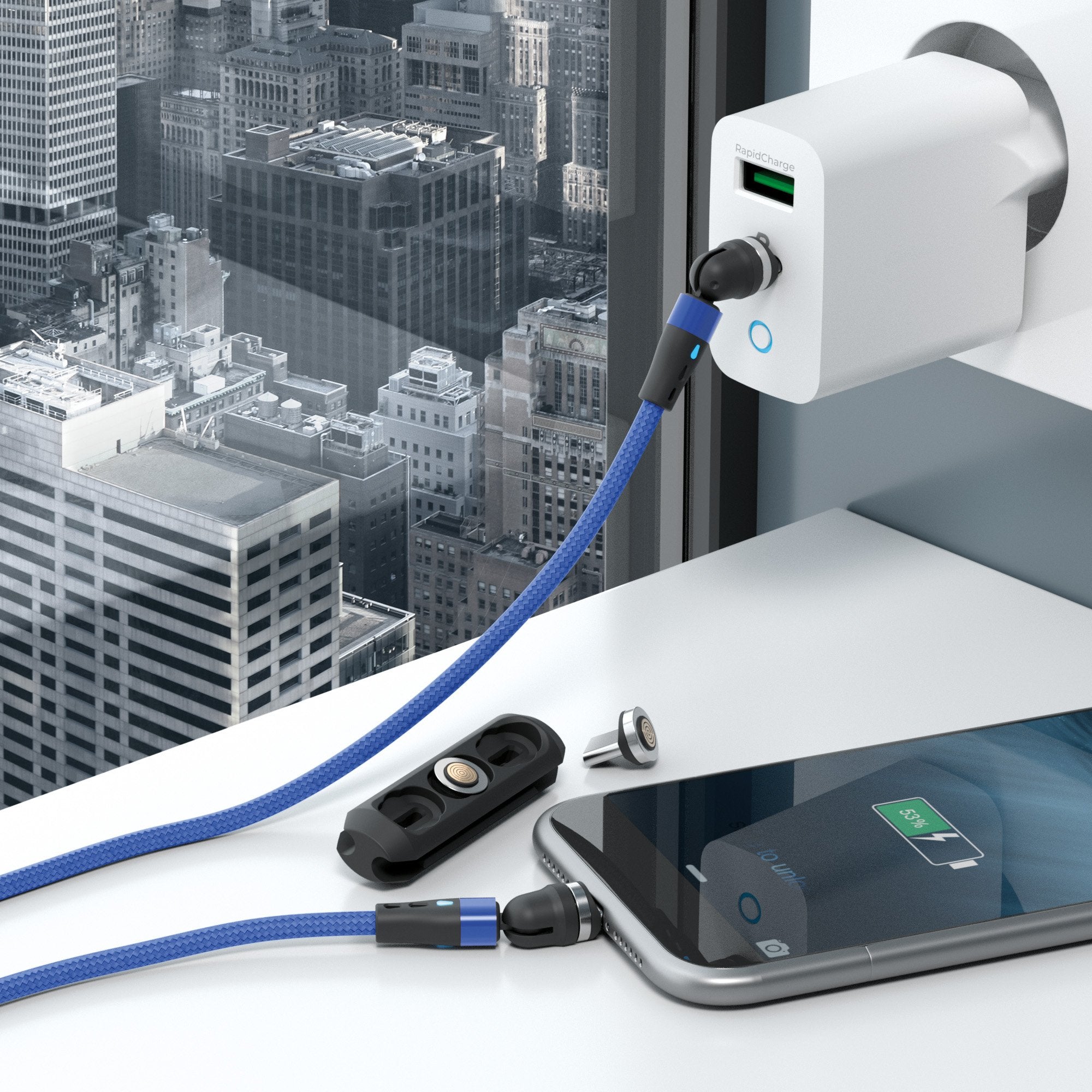 Realpower Magnetic Cable,1m,2x Magnetisch,Azul Con Adaptadorn