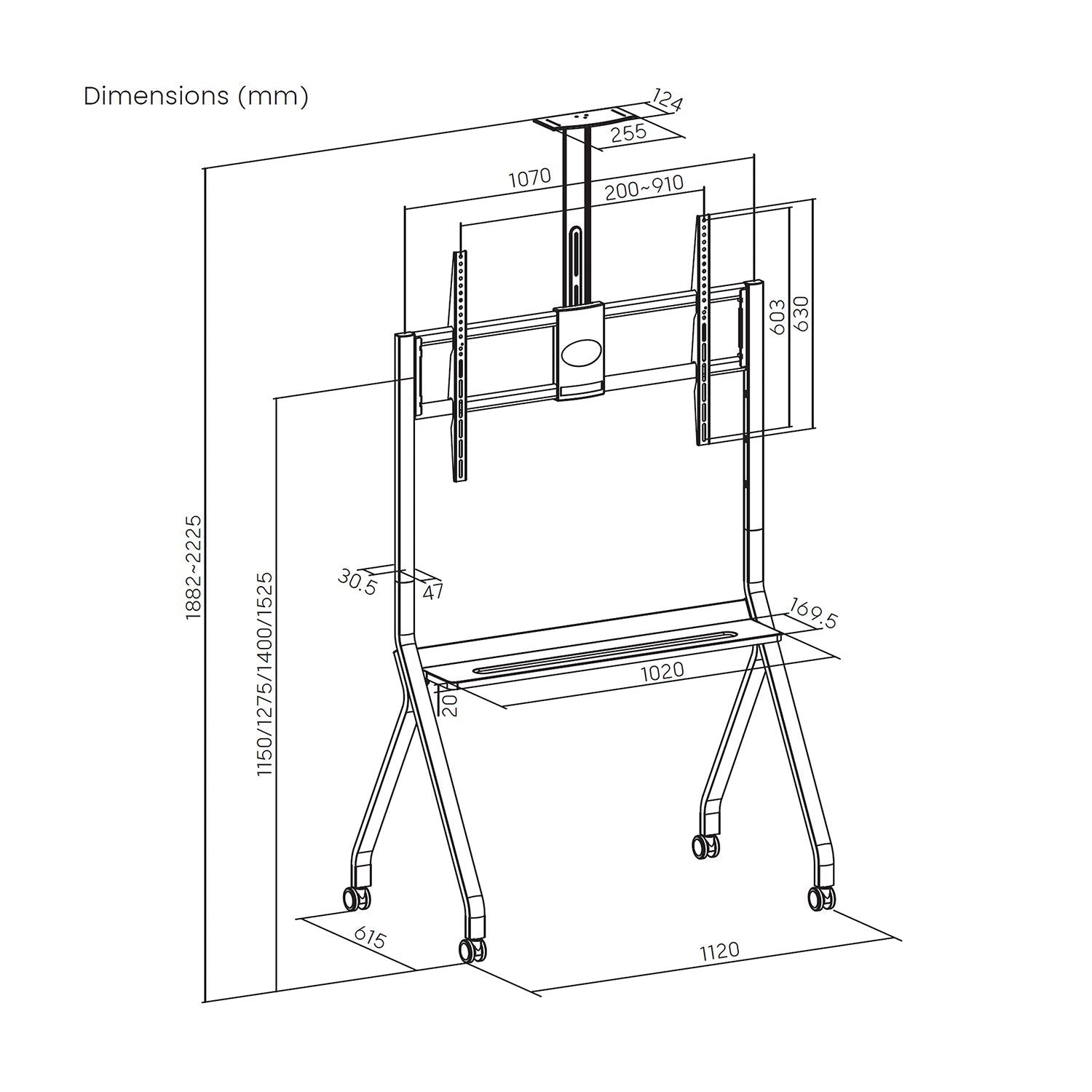 Aisens Soporte De Suelo Pro Con Rueda, 1 Bandeja Y Soporte De Cámara Para Pantalla Interactiva/Tv 120kg De 55-100, Negro