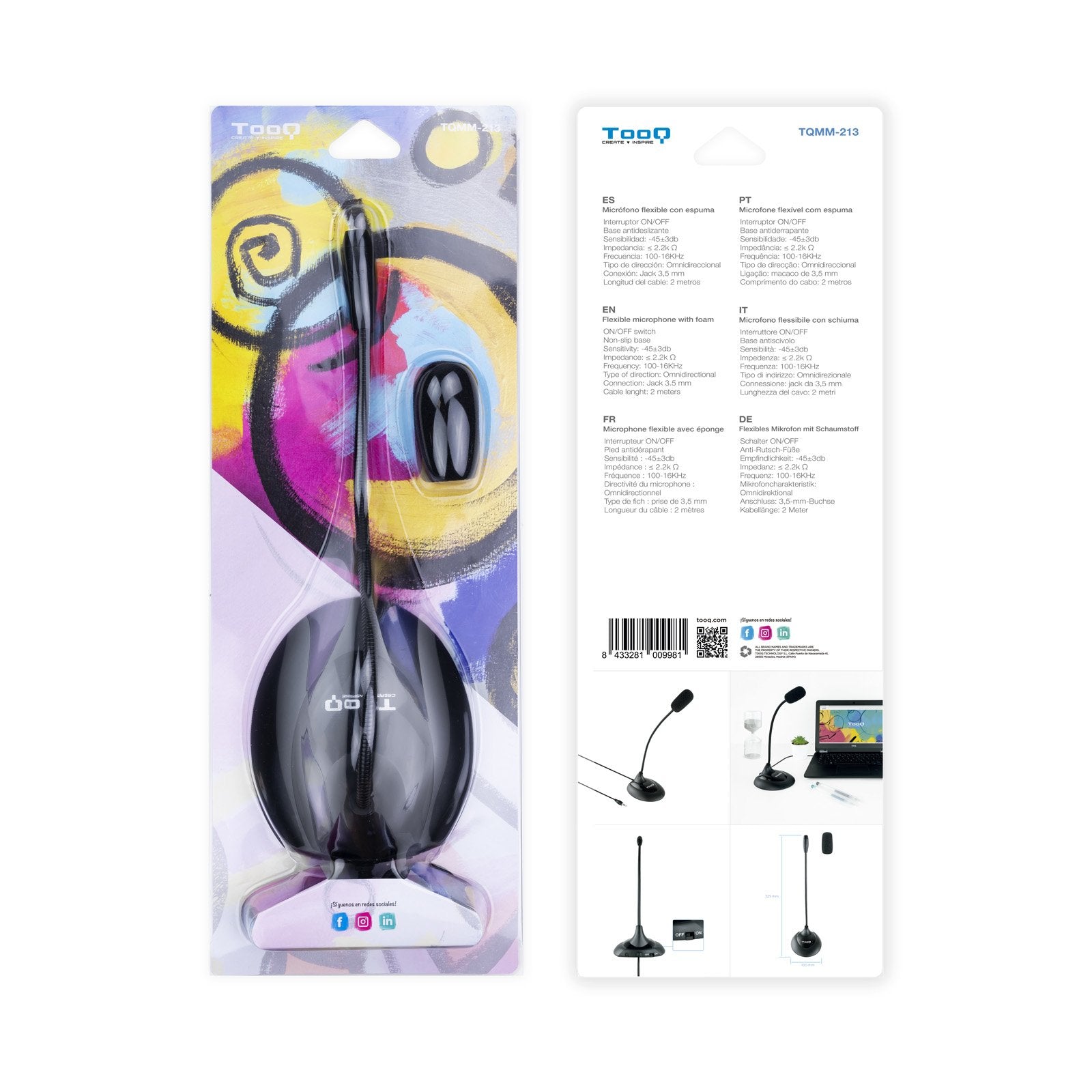 Tooq Microfono De Escritorio Flexible Omnidireccional - Interruptor On/Off - Cable De 2m - Jack 3.5mm - Negro