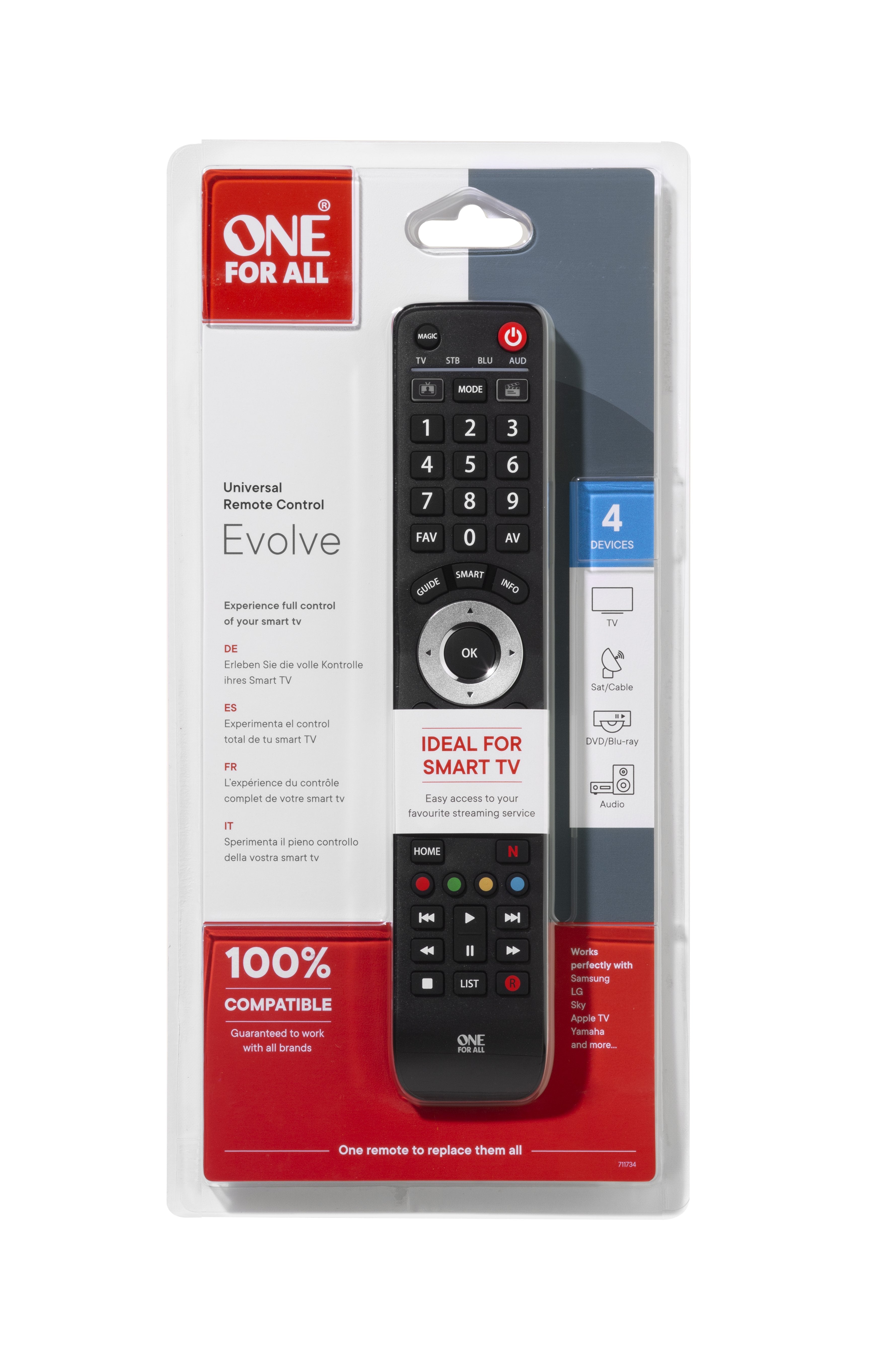 One For All Evolve 4 Mando A Distancia Ir Inalámbrico Cable, Dtt, Dvd/Blu-Ray, Consola De Juegos, Sistema De Cine En Casa, Iptv, Sat, Stb, Smartphone, Tnt, Tv, Receptor De Televisión Botones