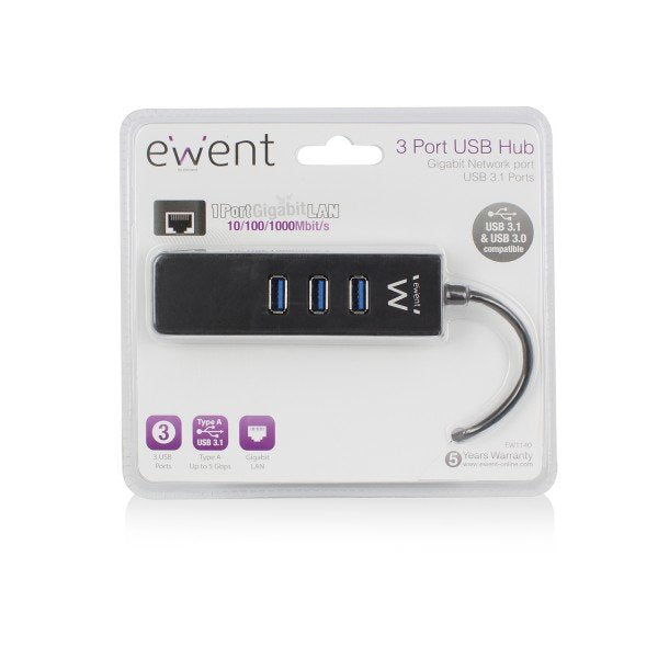 Ewent Usb3.1 Gen 1 Hub 3 Ports + 1 Port Gigabit Lan, Usb Powered Ewent Ew1140, Usb 3.0 (3.1 Gen 1) Type-A, Rj-45,Usb 3.0 (3.1 Gen 1) Type-A, 5000 Mbit/S, Negro, 0,18 M, 110 Mm