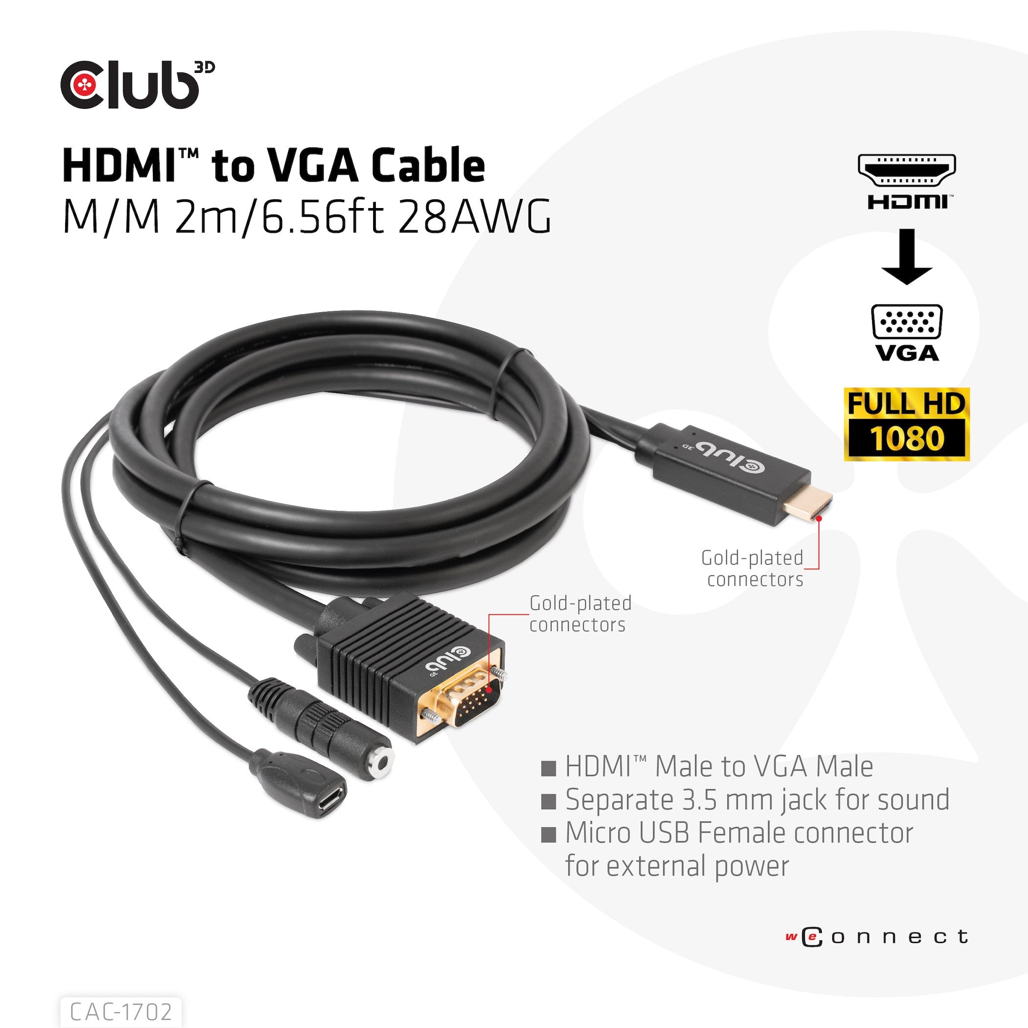 Cable Club3d Toma Hdmi+Micro Usb > Vga+3.5mm 2m Macho/Hembra Minorista
