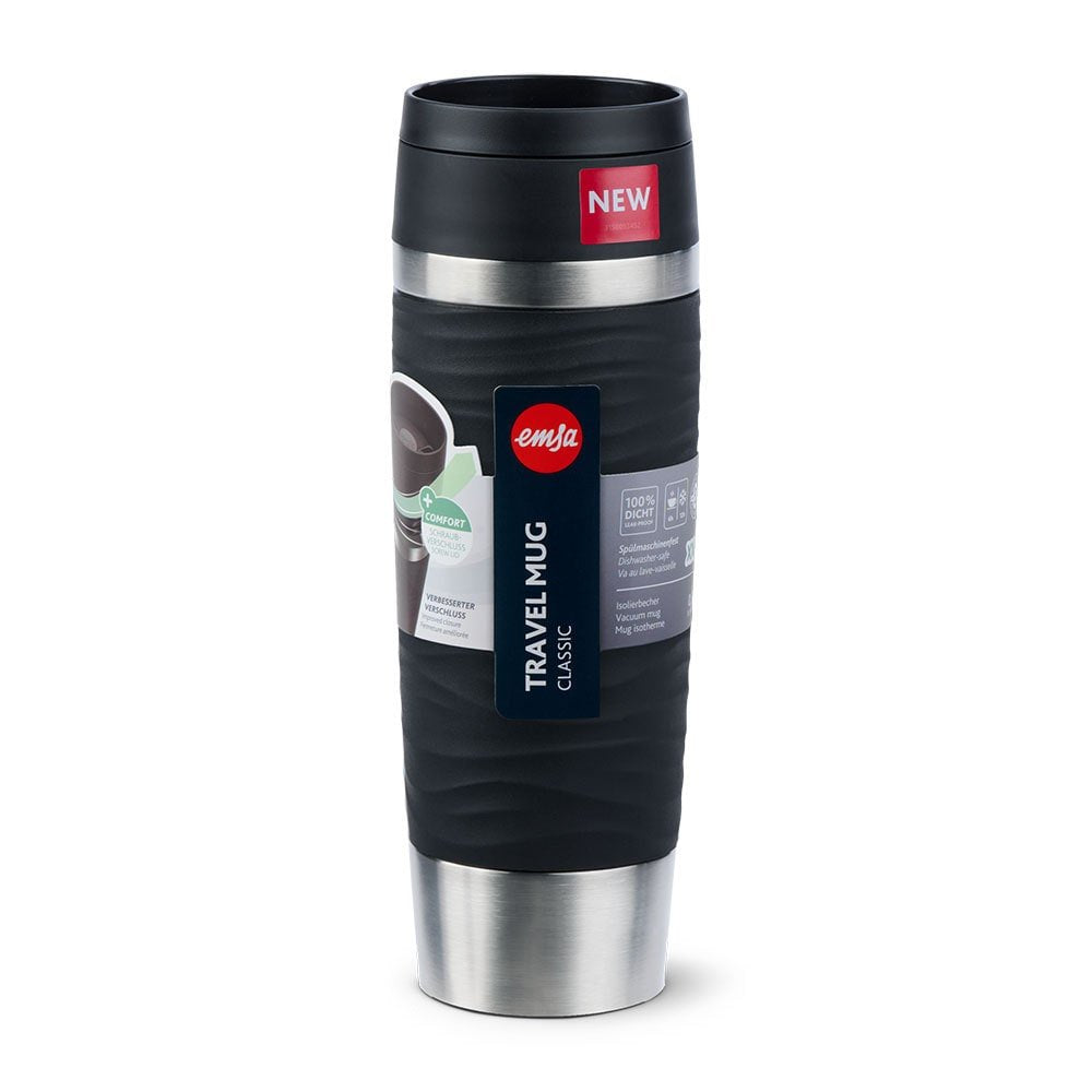 Taza Térmica Emsa Travel Mug Waves Grande Negro/Acero Inoxidable, 0,5 Litros N2022500