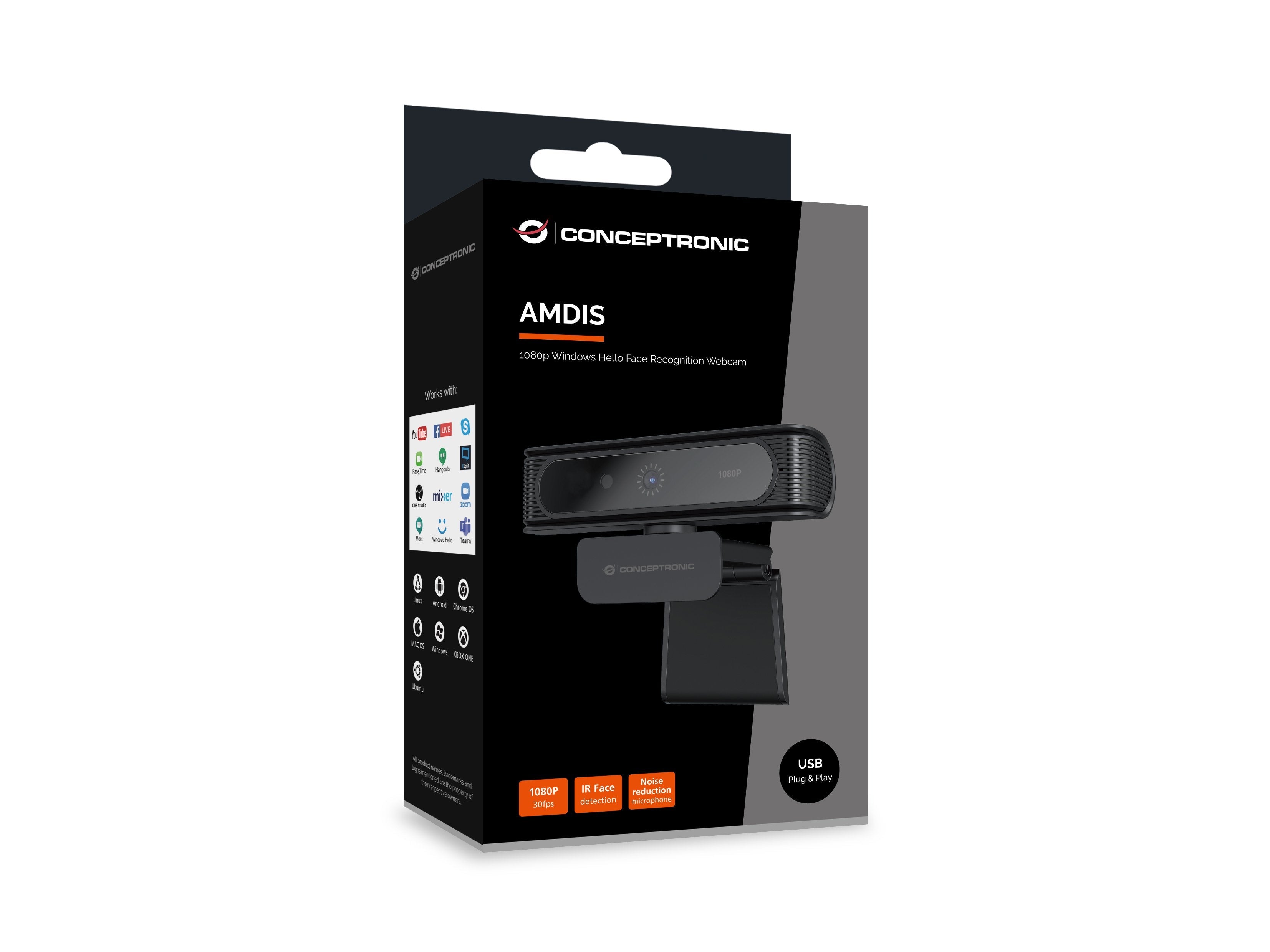 Conceptronic Amdis09b 1080p Windows Hello Face Recognition Webcam