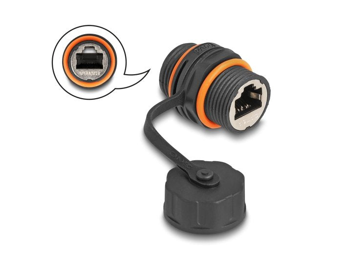 Delock 88145 Conector De Cable Rj45 Hembra A Rj45 Hembra Cat.6a Con Rosca M20 Y Tapa Protectora Ip68 Resistente Al Polvo Y Al Agua