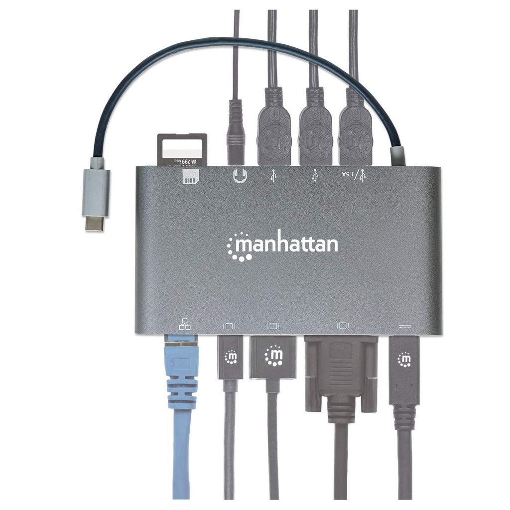 Manhattan Estación Docking Usb-C 7 En 1 Usb 3.1 Tipo-C Macho A Hdmi, Mini Dp O Vga, 3 Usb 3.0 Tipo-A,1 Usb-C Pd, Gigabit Rj45, Lector Tarjetas Sd Y Audio De 3.5 Mm, Aluminio, Gris