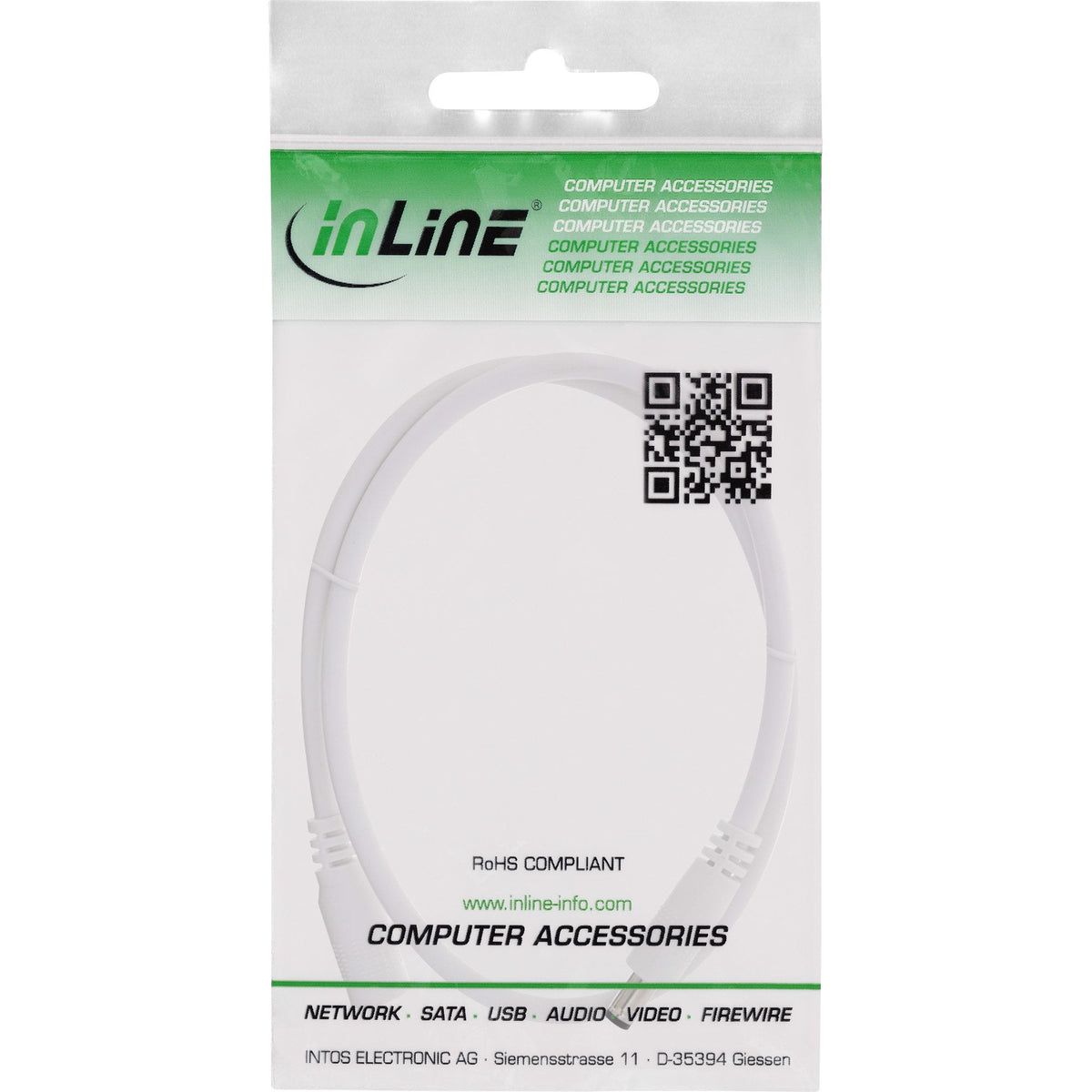 Cable De Extensión De Cc Inline, Enchufe De Cc Macho/Hembra 5,5x2,5 Mm, Awg 18, Blanco, 1 M