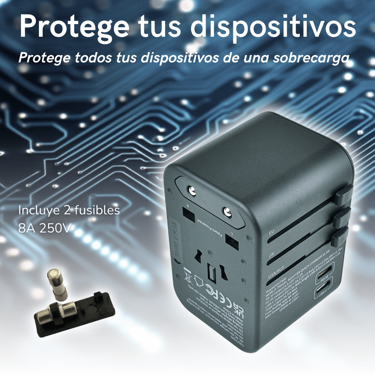 Adaptador Enchufe Universal 35.5W Pd Carga Rápida. De Viaje 3 Usb + 2 Usb-C