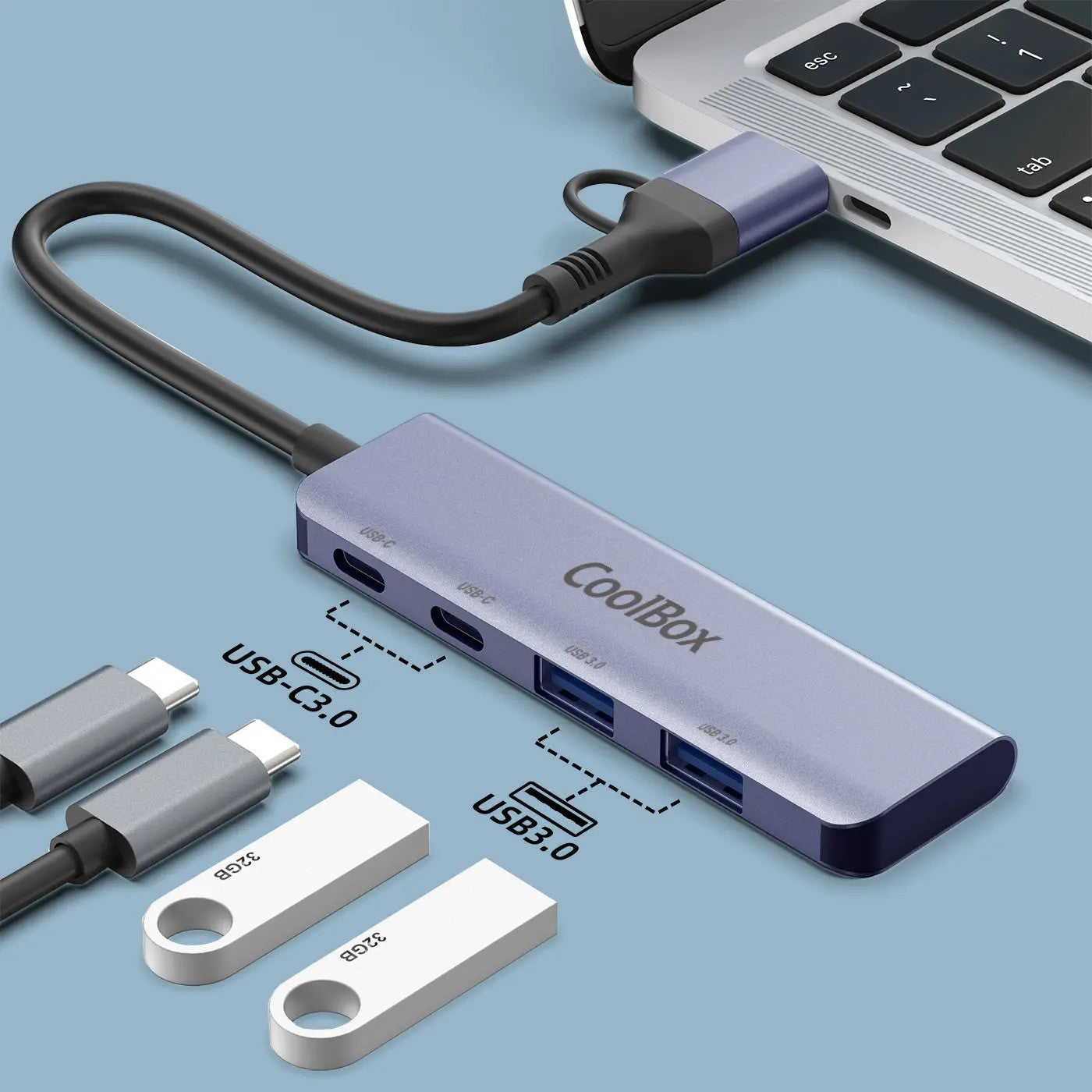 Adaptador Hub Usb-C 4 En 1 2*Usb 3.0 2*Usb-C Con Adaptador Usb 3.0