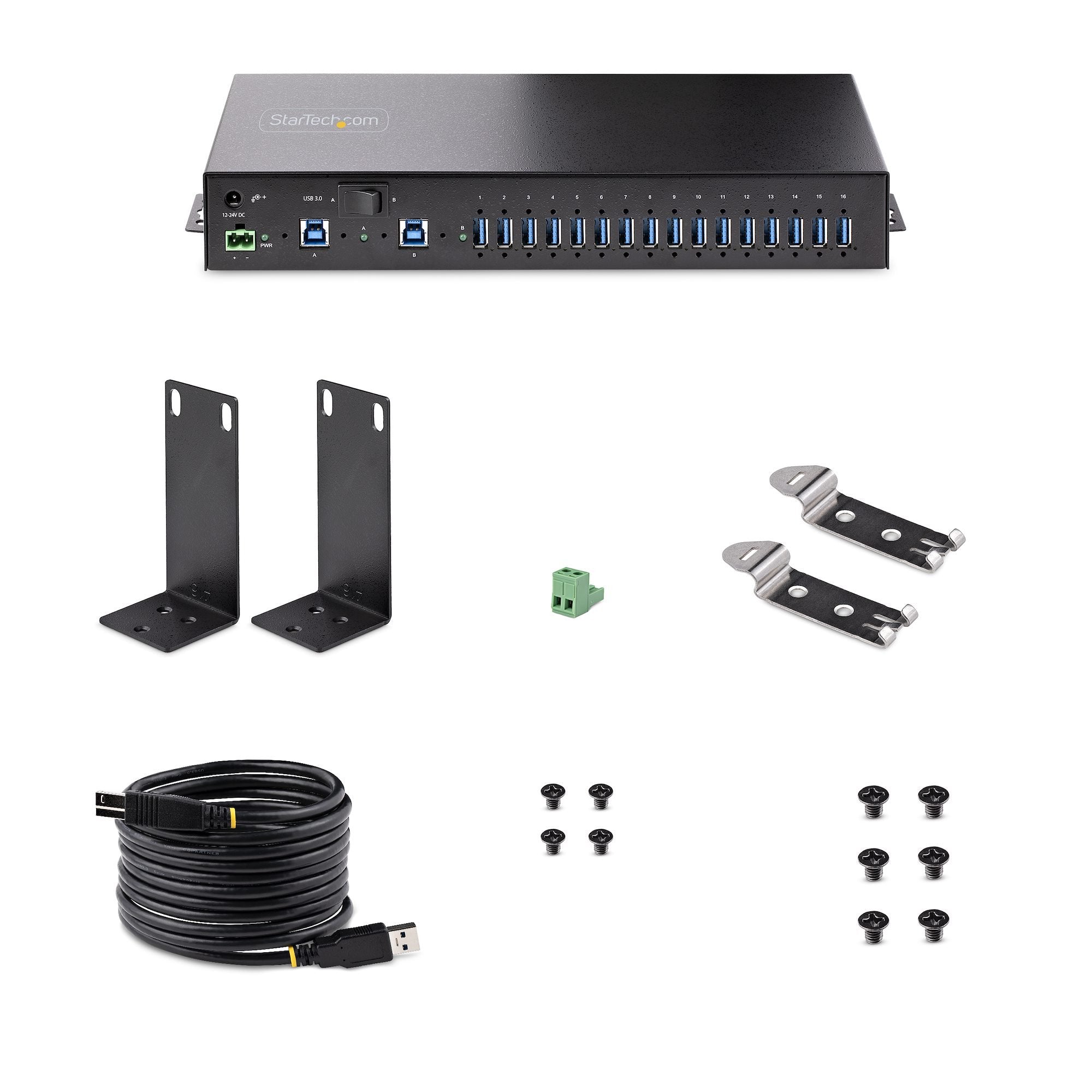 Startech.Com Hub Ladrón Usb 3.0 5gb De 16 Puertos Industrial - Metal - Montaje En Rack/Superficie/Din - Carga Compartida Usb 120w - Esd - Bloque De Terminales - Switch De 2 Hosts