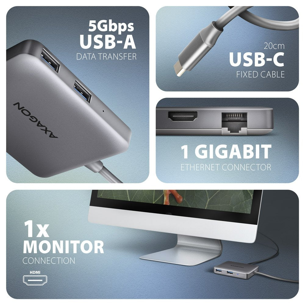 Hmc-5hl Multipuerto Hub Usb 5in1, 5gbps, 2x Usb-A, Hdmi 4k/60hz, Glan, Pd 100w, 15cm Usb-C Cable