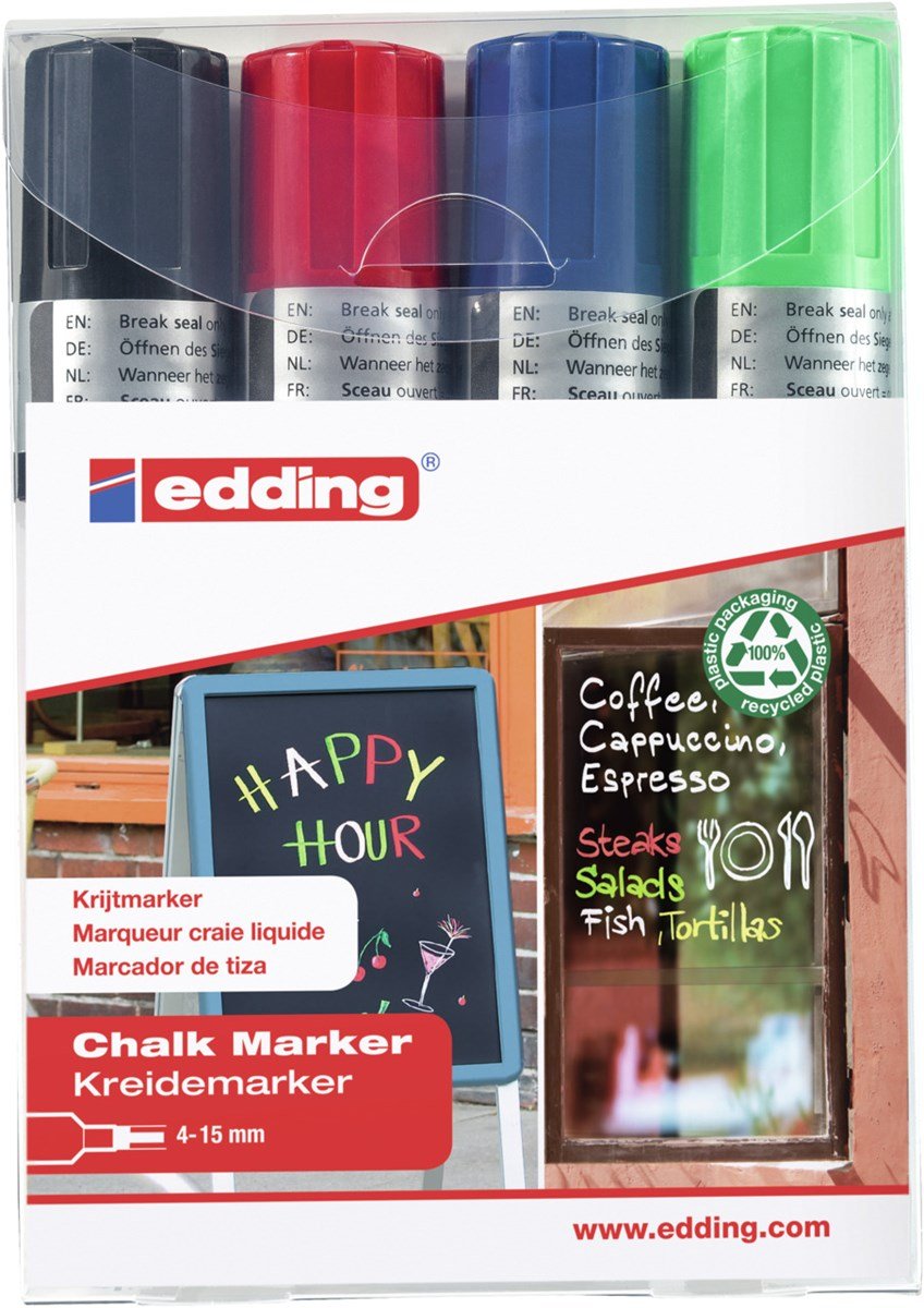 Edding 4090 Chalk - Marker - Para Vidrio, Spiegel, Tafel - Negro, Rojo, Azul, Verde Neón - Base Acuosa Tiza Líquida - 4-15 Mm (Paquete De 4)