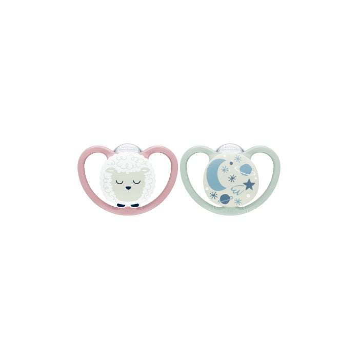 Nuk Space Night Silikon-Schnuller 6-18m, 2 M, Rosa Mint