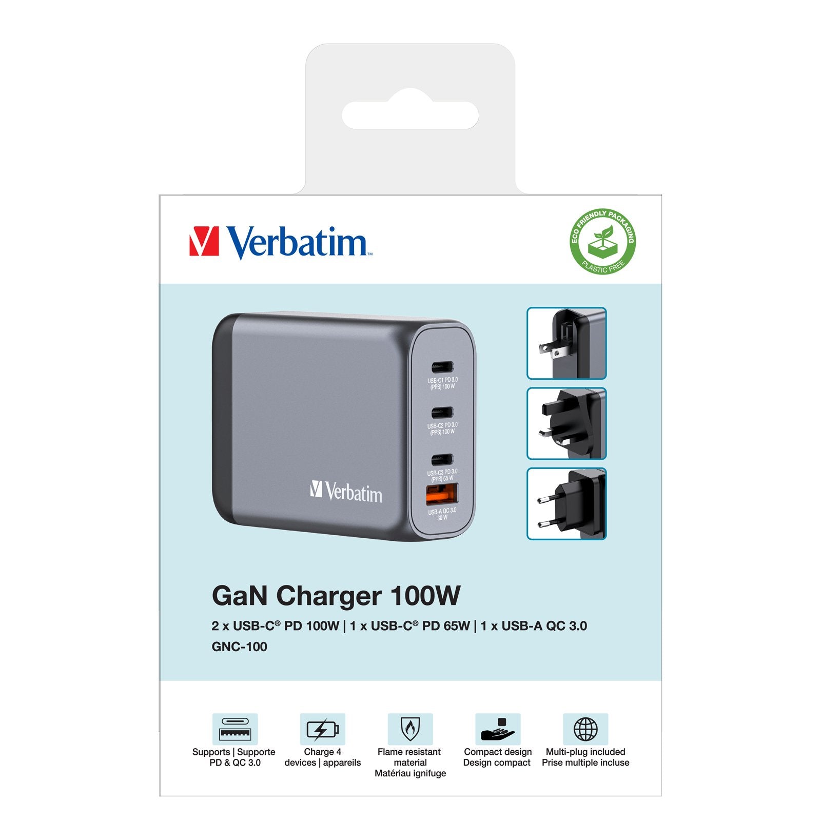 Cargador De Pared Universal Verbatim Gnc-100 3xusb Tipo-C 1xusb 100w