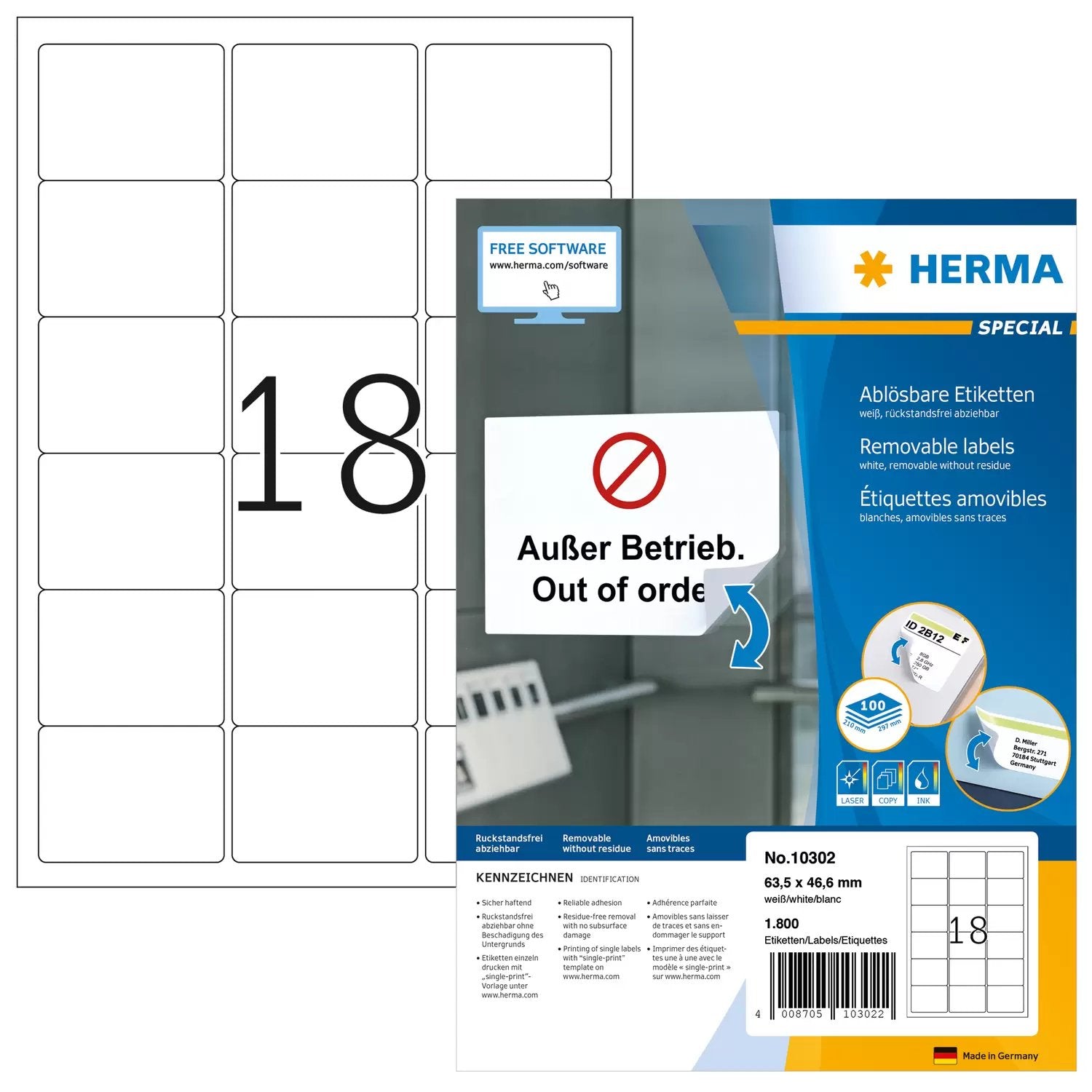 EAN 4008705103022 - HERMA 10302 etiqueta autoadhesiva Rectángulo redondeado Desmontable Blanco 1800 pieza(s) imagen 1