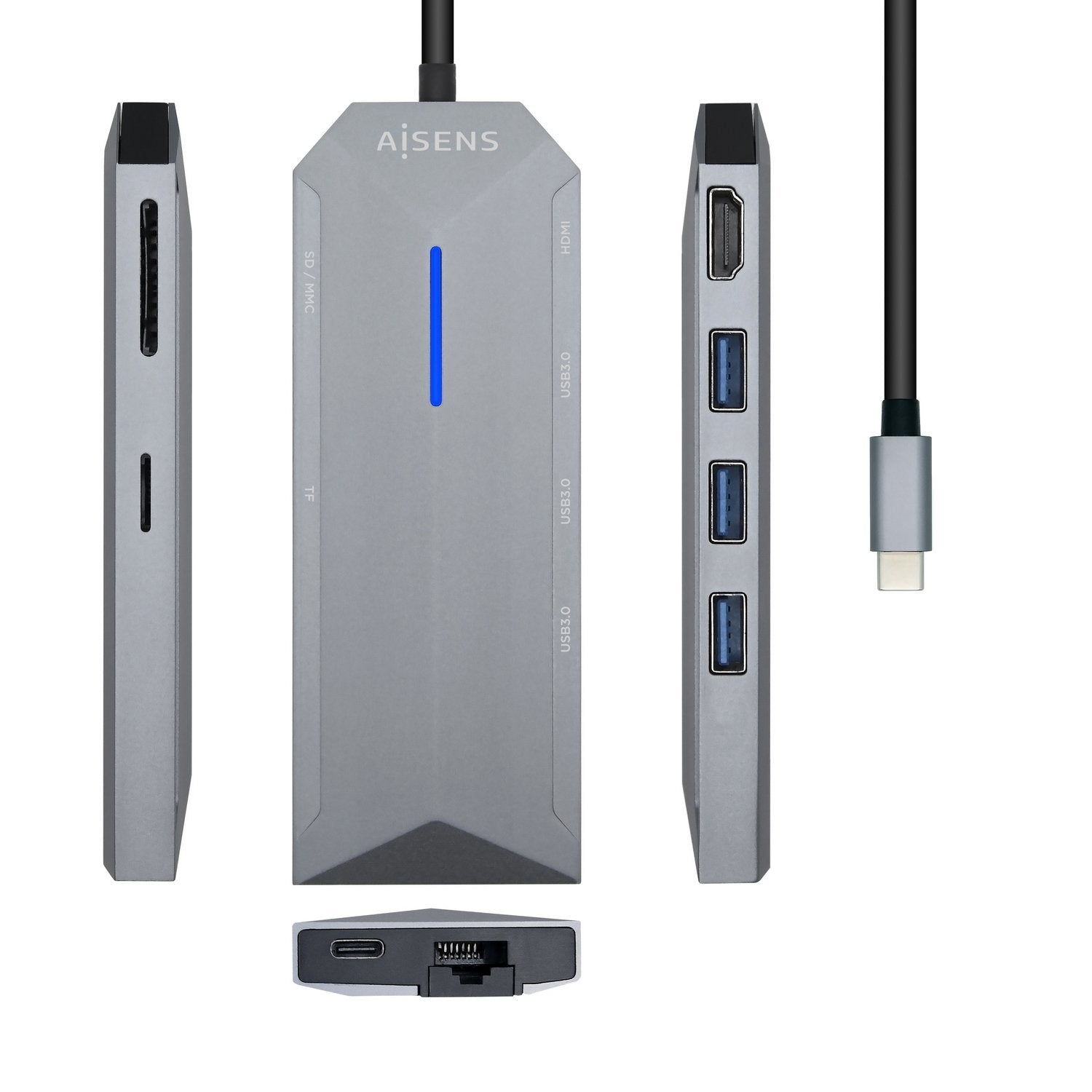 Aisens Usb-C Dock 8 En 1 - Usb-C A 1xhdmi - 1xrj45 - 3xusb - 1xpd - 1xsd - 1xmicro Sd - 15cm - Gris