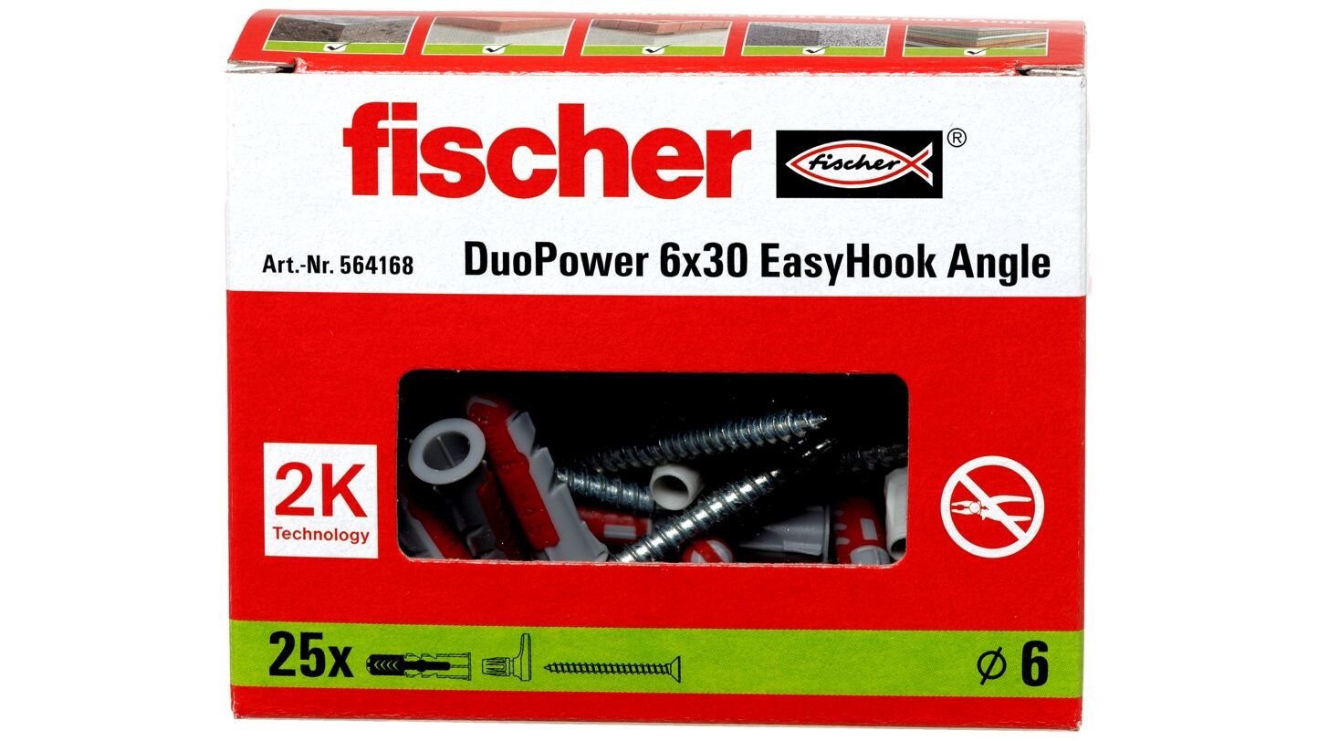 Tacos Fischer Easyhook Angle Duopower 6x30 Blancos, 25 Piezas, Con Gancho Angular Easyhook