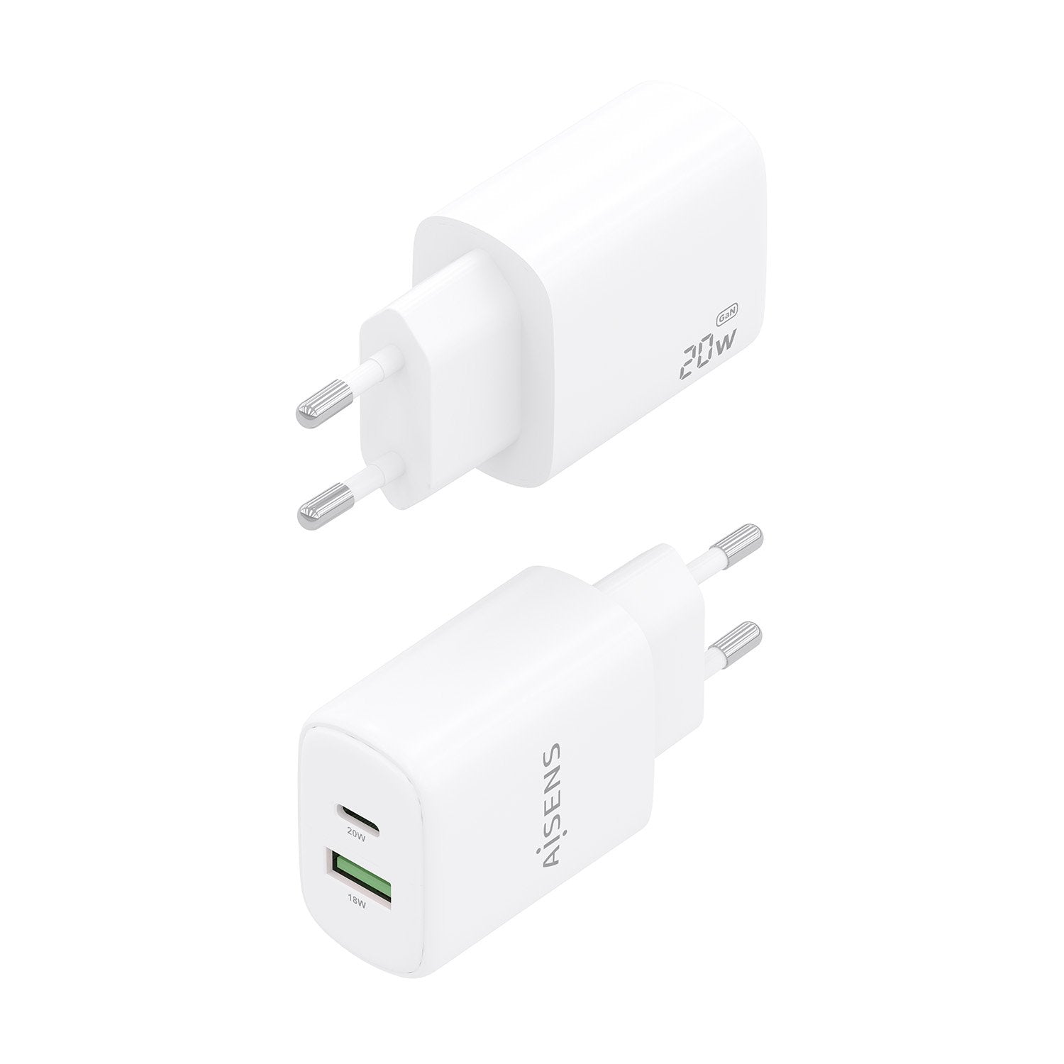 Aisens Cargador Gan 20w, 1xusb-C Pd3.0, 1xusb-A Qc3.0, Blanco