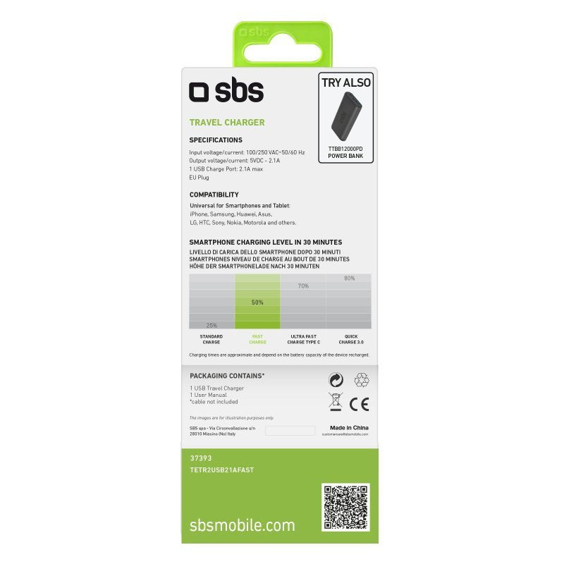 EAN 8018417237393 - SBS TETR2USB21AFAST cargador de dispositivo móvil Universal Negro Corriente alterna Carga rápida Interior imagen 3