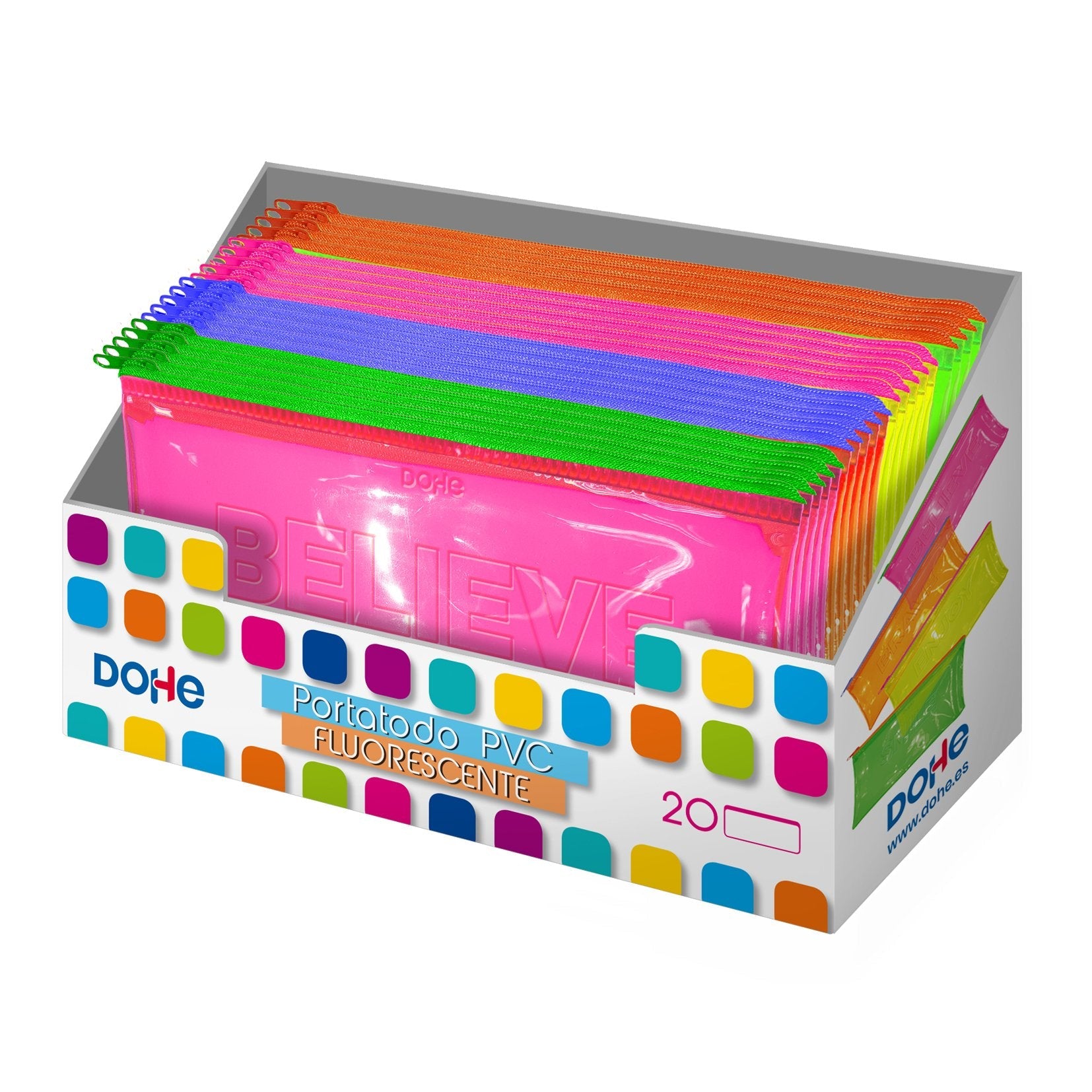 Dohe Expositor Con 20 Portatodos Simples Planos - Fabricados En Pvc De 280 Micras Transparente Fluorescente - Cierre De