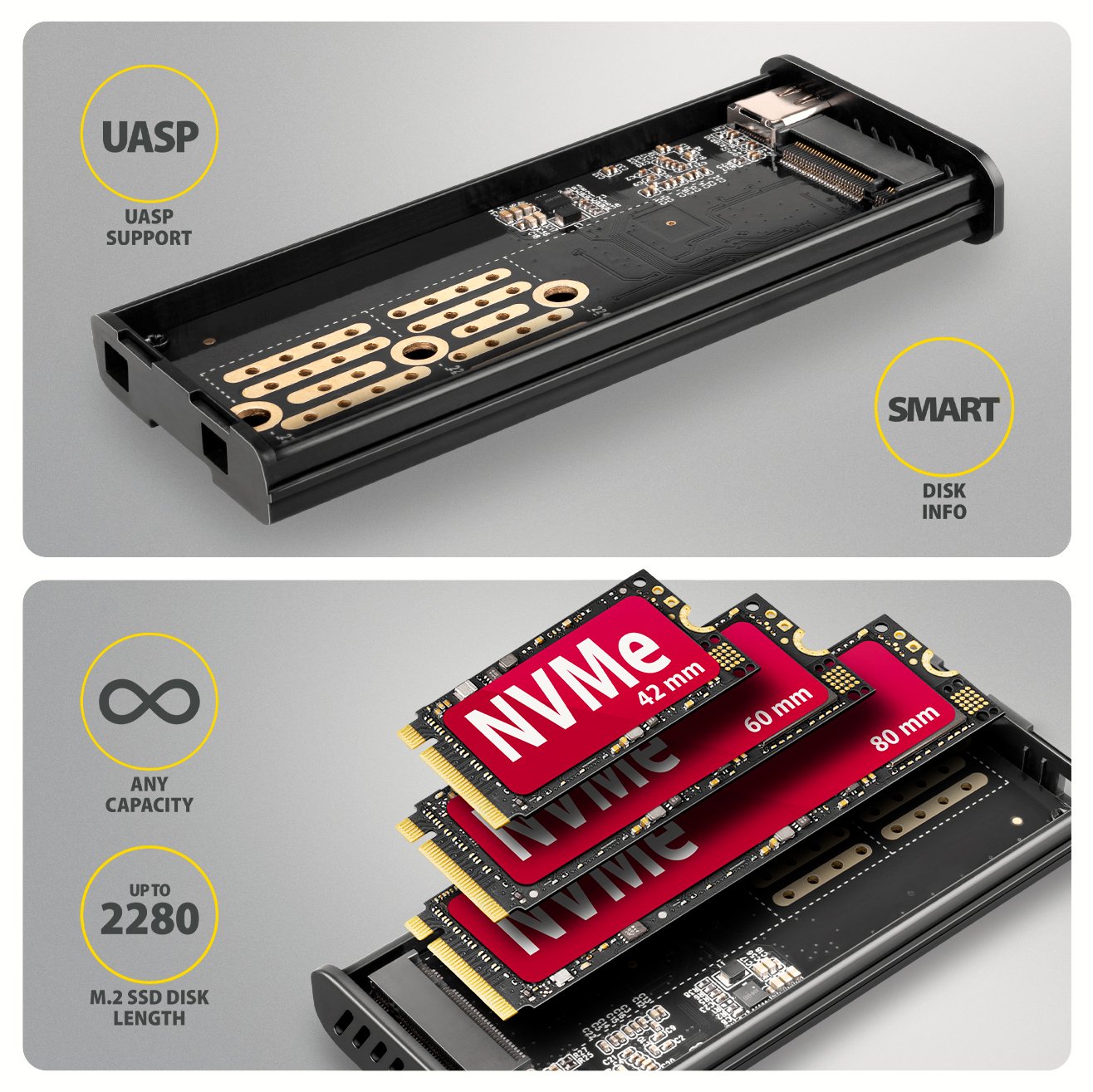Eem2-Sd2b Obudowa Zewnetrzna Aluminiowa Bezsrubowa Usb-A/C 3.2 Gen2 M.2 Nvme/Sata Wyswietlacz Led, Czarny