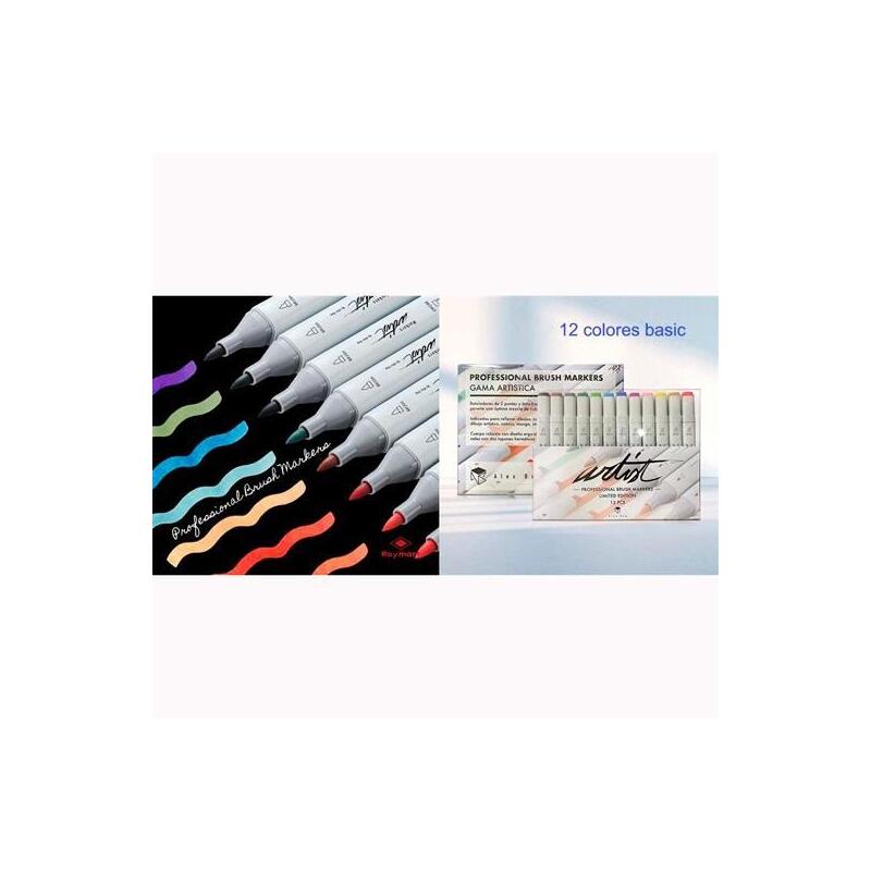 Alex Bog Estuche 12 Rotuladores Professional Brush Market Basic Colors Doble Punta Biselada/Pincel C/Surtidos