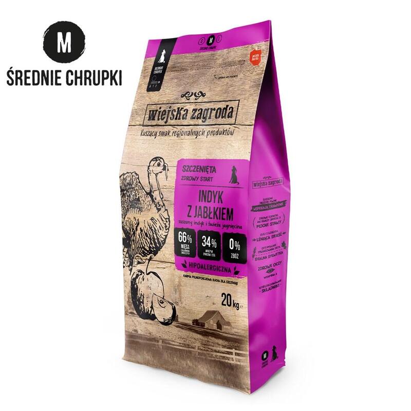 Alimento Seco Para Cachorros Wiejska Zagroda Pavo Con Manzana Crujiente M 20 Kg