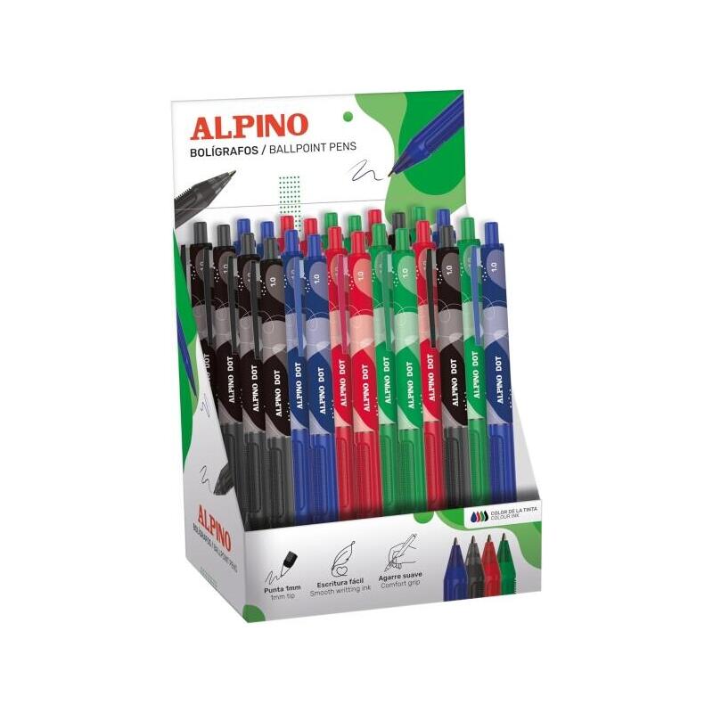 Alpino Dot Expositor Con 24 Boligrafos Retractiles - Punta 1mm - Agarre Suave - Colores Surtidos