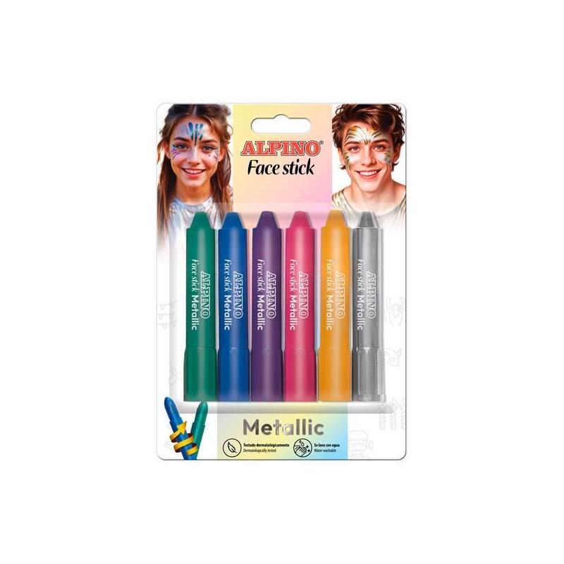 Alpino Fiesta Face Stick Metallic Pack Con 6 Barritas De Pintura Facial - Sistema Retractil Giratorio - Se Lava Con
