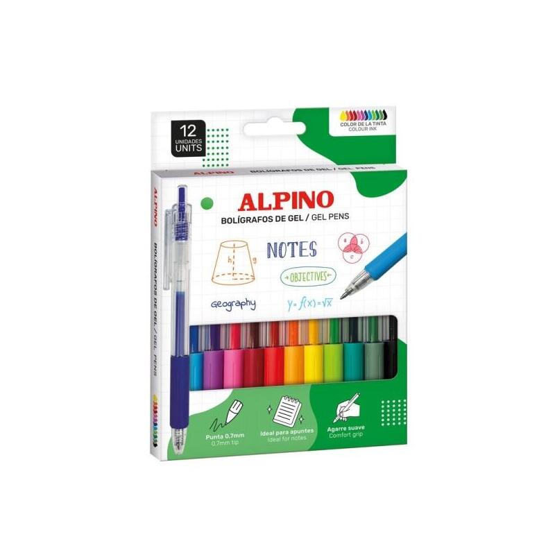 Alpino Line Gel Pack Con 12 Boligrafos Retractiles De Tinta Gel - Punta 0.7mm - Grip De Agarre - Colores Surtidos