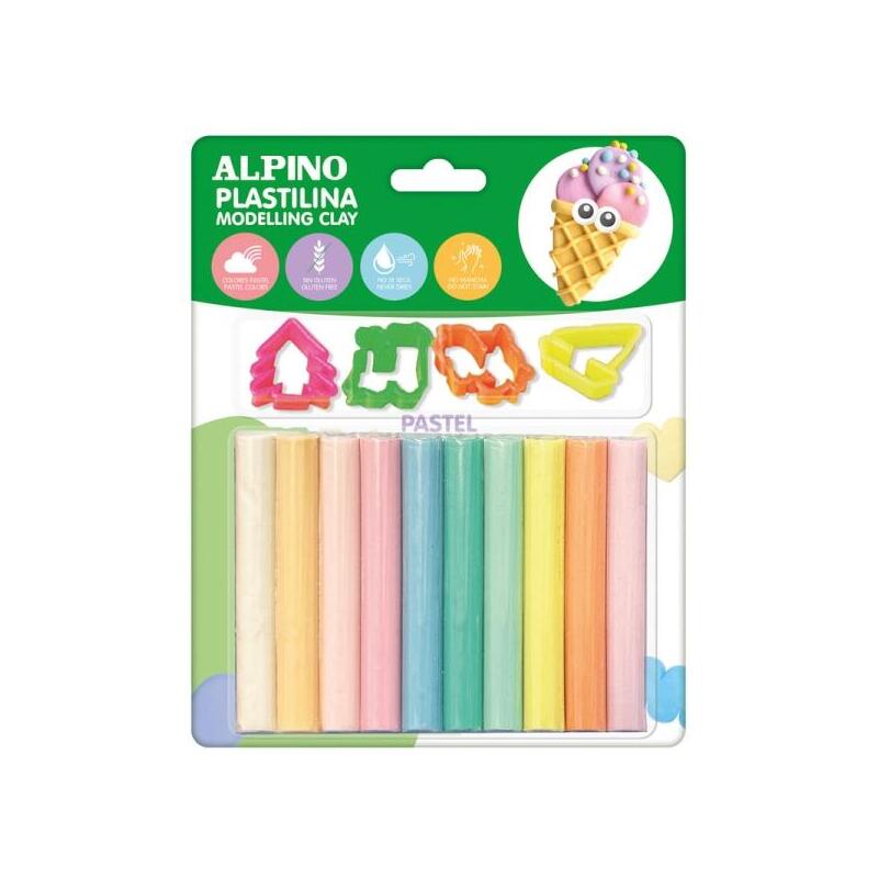 Alpino Pack Con 10 Barras De Plastilina 17gr + 4 Moldes - Muy Flexible - Pueden Mezclarse - Sin Gluten - Colores Pastel