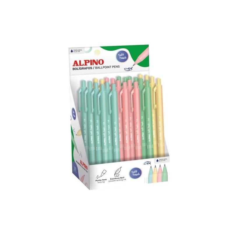 Alpino Soft Touch Pastel Expositor Con 24 Boligrafos Retractiles - Punta 1mm - Tacto Suave - Tinta Azul - Colores
