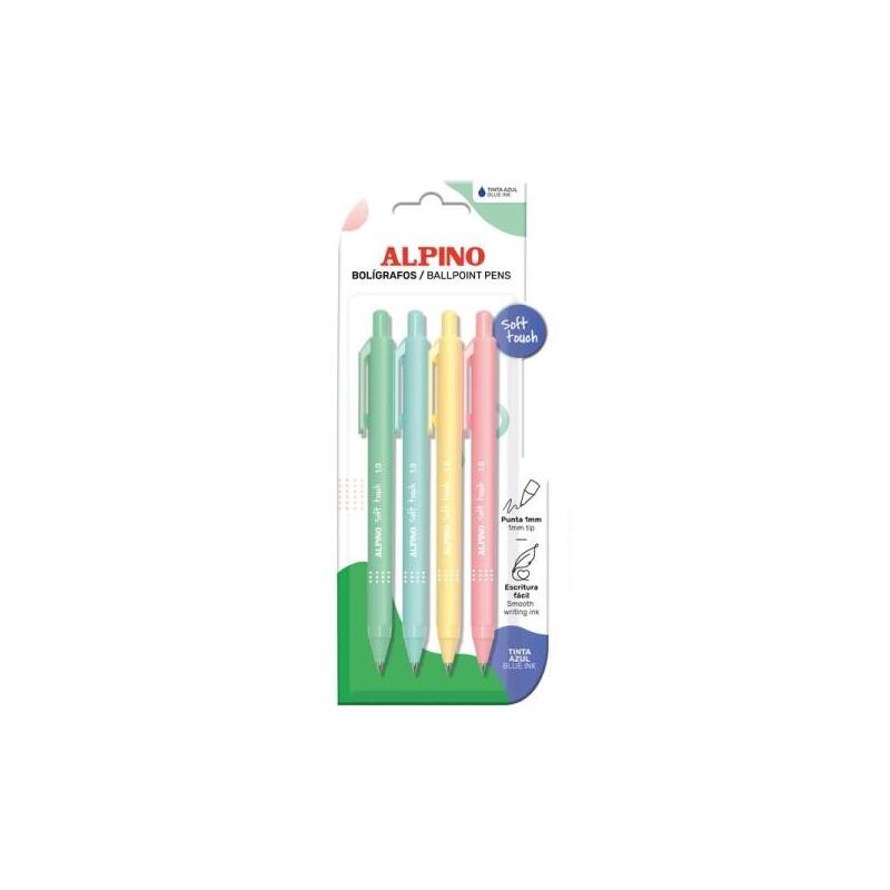 Alpino Soft Touch Pastel Pack Con 4 Boligrafos Retractiles - Punta 1mm - Tacto Suave - Tinta Azul - Colores Pastel