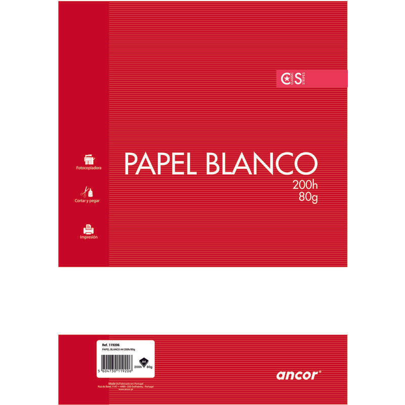 Ancor Paquete De Papel De 200 Hojas 80gr Tamaño A4 Liso