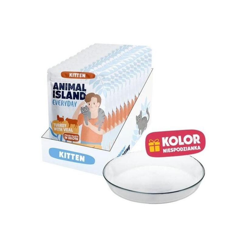 Animal Island Pack Con Platito De Cristal Alimento Húmedo Completo Para Gatitos Filetes De Pavo Con Ternera En Caldo Aceite De Pescado Inulina Sobres, 12 X 85g Color Del Platito Aleatorio
