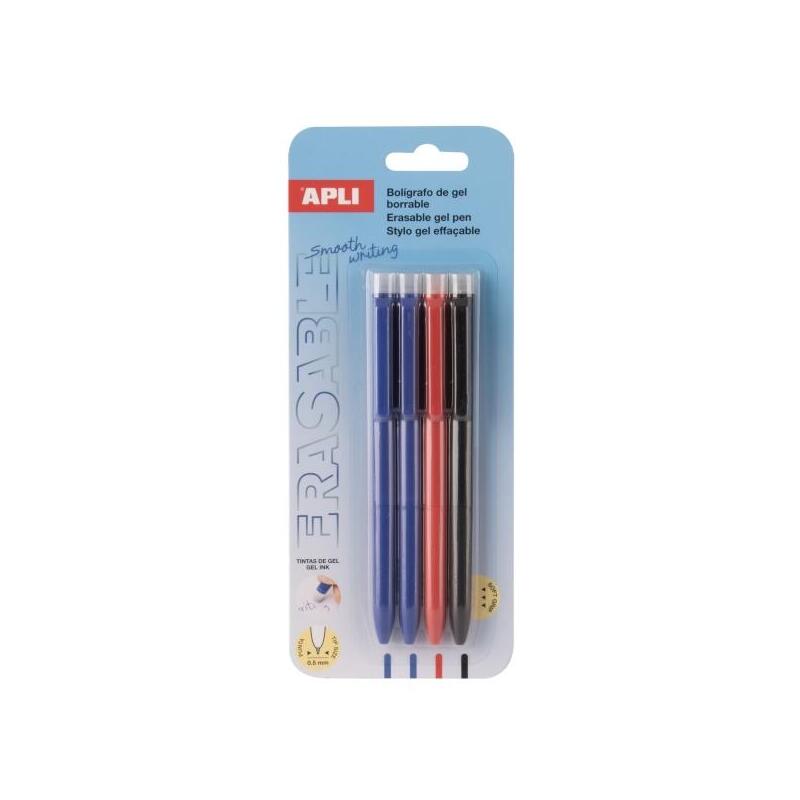 Apli Erasable Gel Blister Con 4 Boligrafos De Tinta Gel Borrables Cada Uno - Punta De 0,5mm - Zona De Agarre De