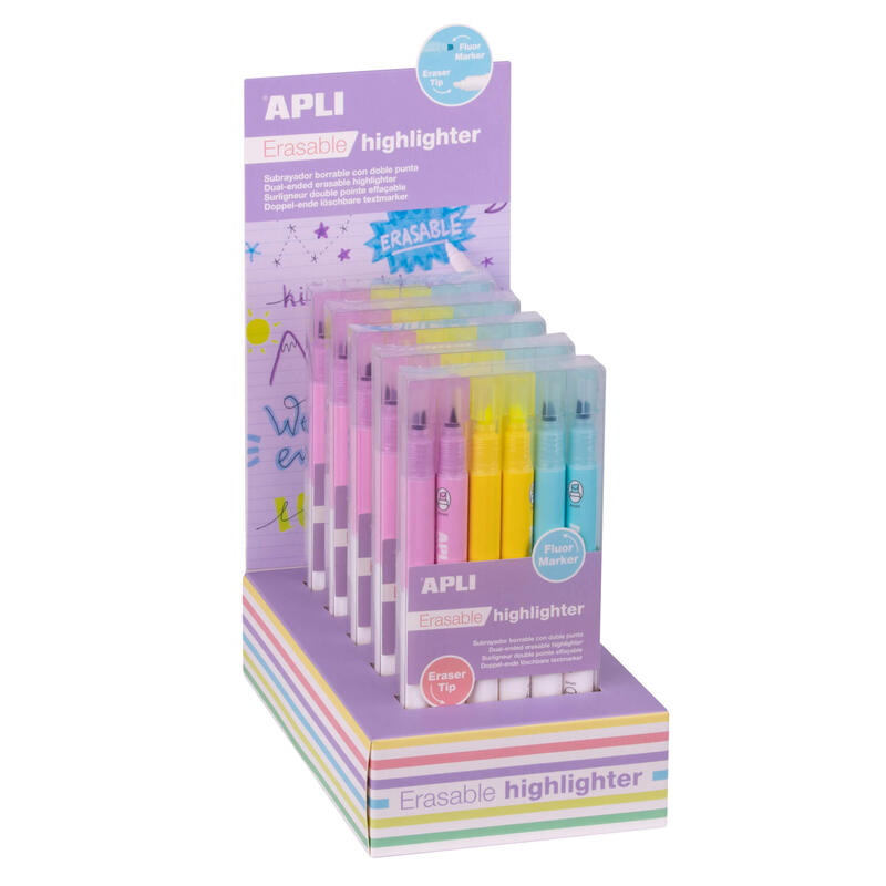 Apli Erasable Highlighter Expositor De 5 Packs De 6 Subrayadores Borrables - Punta Biselada 4mm - Colores Surtidos
