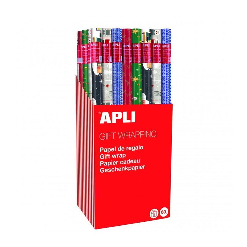 Apli Expositor De 55 Rollos De Papel Regalo Navidad - 11 Rollos Por Color - Medidas Del Rollo 0.70x2m - 5 Diseños