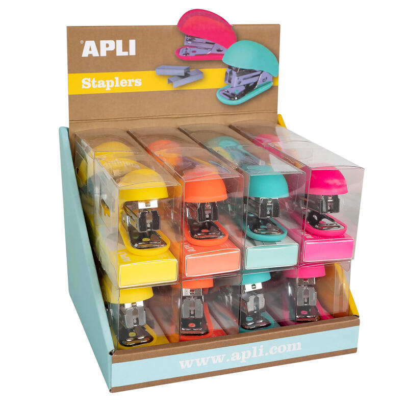 Apli Expositor De Grapadoras Fluor Collection - Tamaño 63mm - 16 Unidades En 4 Colores Intensos - Incluye 1000 Grapas Plateadas Por Grapadora