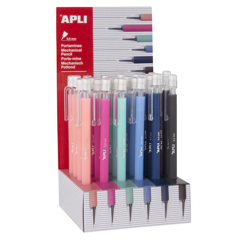 Apli Expositor Portaminas Soft Nordik - 05mm - Colores Salmon, Rosa, Turquesa, Azul, Azul Marino Y Negro - Capuchon Con Tapon Transparente Y Goma De Borrar - 24 Unidades