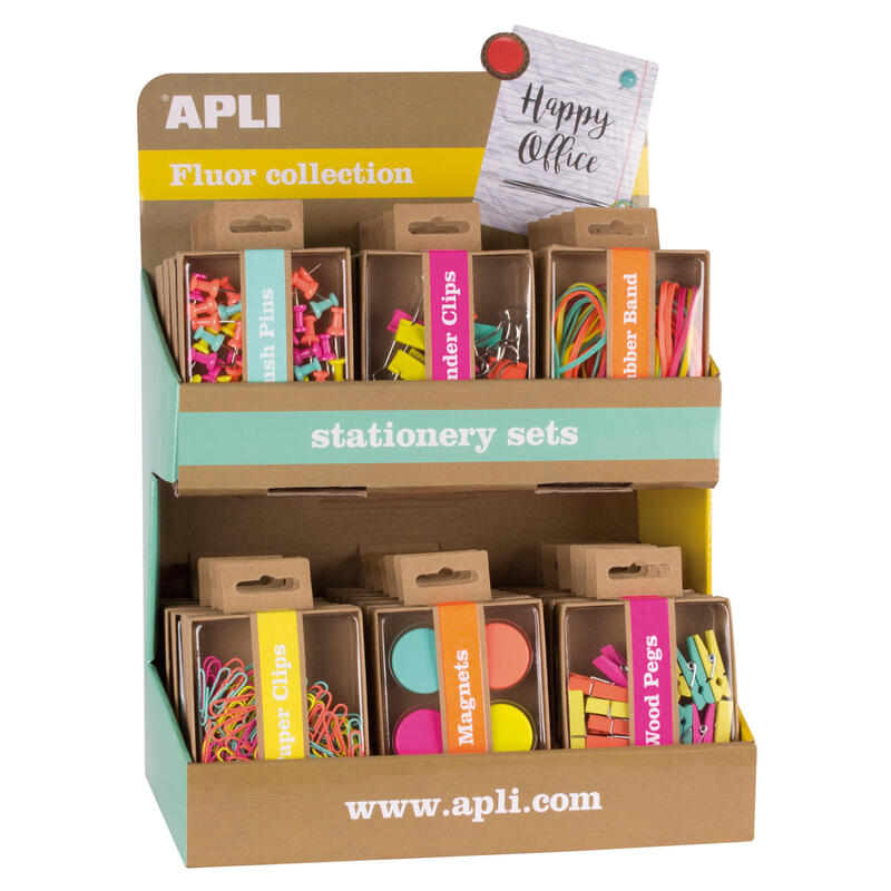 Apli Fluor Collection Expositor De Productos Basicos - Colores Surtidos Fluor - Diseño Moderno - Incluye Push Pins, Gomas Elasticas, Pinzas Abatibles, Clips, Pinzas De Madera E Imanes