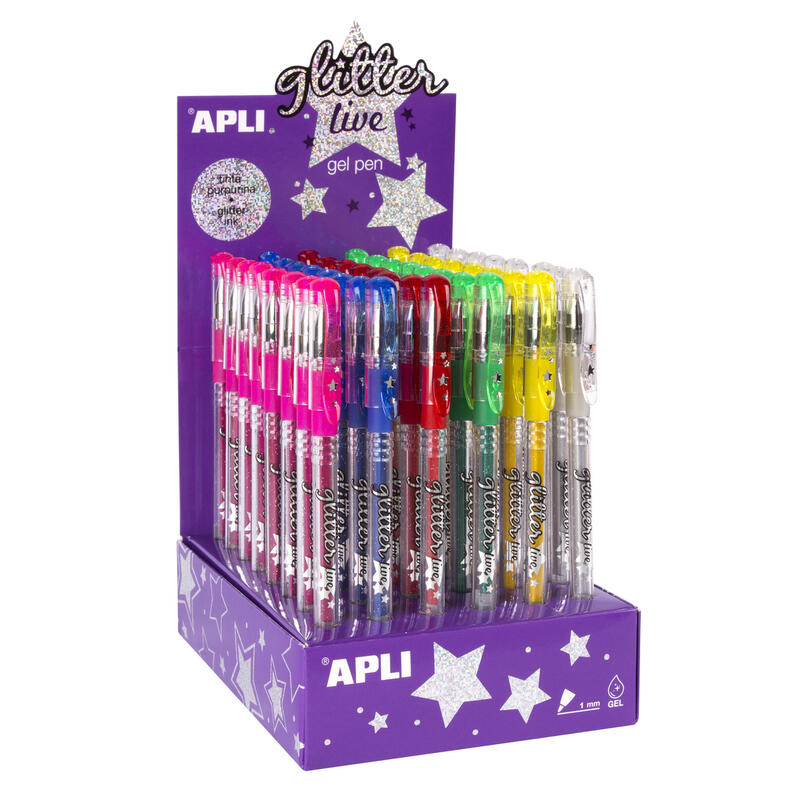Apli Gel Pen Glitter Live - 48 Boligrafos De Tinta Gel Con Purpurina - Resistentes, Secado Rapido Y Larga Duracion - Grueso De Escritura De 1mm