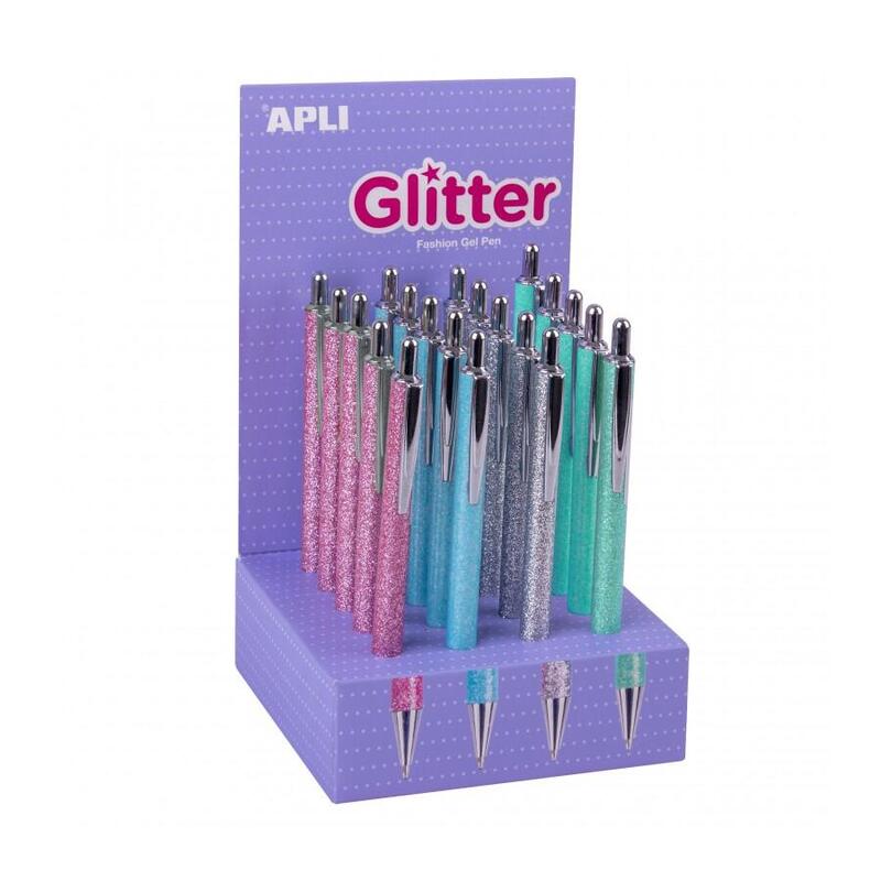 Apli Glitter Expositor De 20 Boligrafos De Metal - Tinta De Aceite - Secado Rapido - Punta 1mm - Colores Surtidos