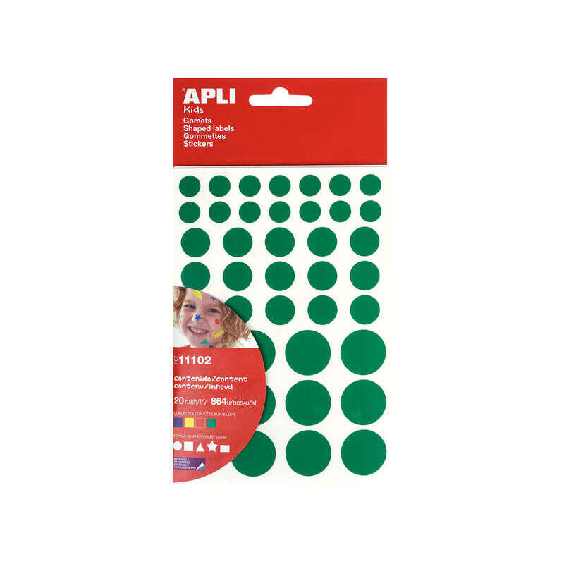 Apli Gomets Adhesivo Removible - 864 Gomets Por Bolsa - Diferentes Colores, Formas Y Tamaã±Os - Desarrollo De