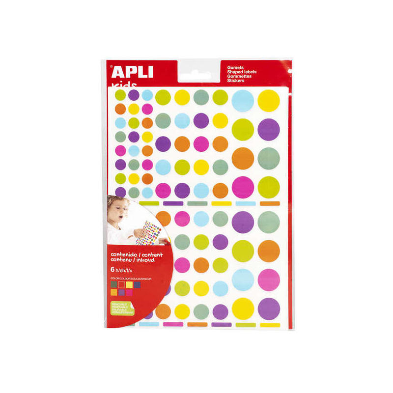 Apli Gomets Redondos Adhesivo Removible - Ø 10mm, Ø 14mm Y Ø 20mm - 624 Gomets Por Bolsa - Desarrollo De Habilidades Y
