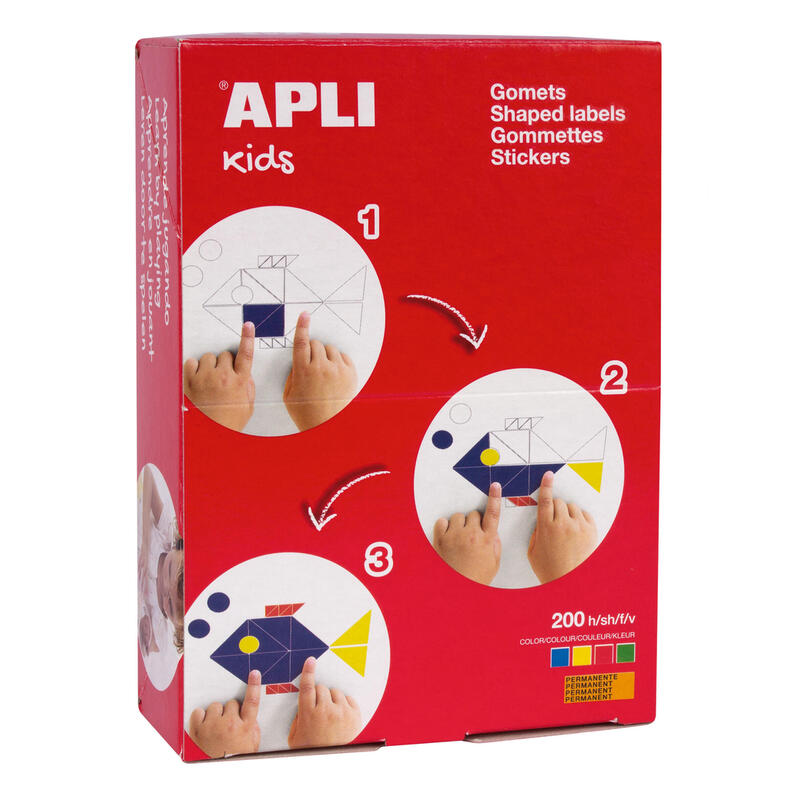 Apli Gomets Redondos En Colores Surtidos - 3 Medidas Diferentes: Ø 10 Mm, Ø 15mm Y Ø 23mm - 8200 Gomets Por Caja - Adhesivo Permanente - Colores Amarillo, Azul, Rojo Y Verde - Materiales 100% Reciclables - Dimensiones De La Caja: 23 X 23 X