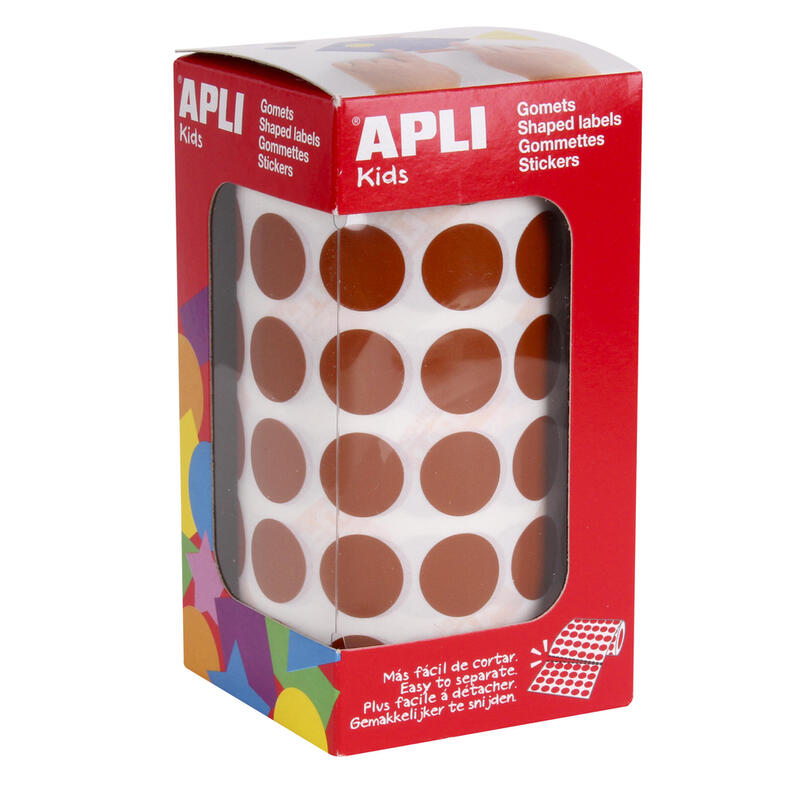 Apli Gomets Redondos Marron Permanentes - Ø 15mm - 59 Hojas Pretroqueladas - 2832 Gomets Por Rollo - Ideal Para Escuelas Y Talleres Infantiles - Normas En-71 Y Fsc Cumplidas