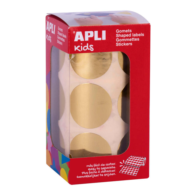 Apli Gomets Redondos Oro Metalizado - Ø33mm - 59 Hojas Pretroqueladas - 708 Gomets Por Rollo - Cumplen Normas En-71 Y Fsc - Adhesivo Base Agua - Libre De Disolventes - Papeles Ecf - Materiales 100% Reciclables